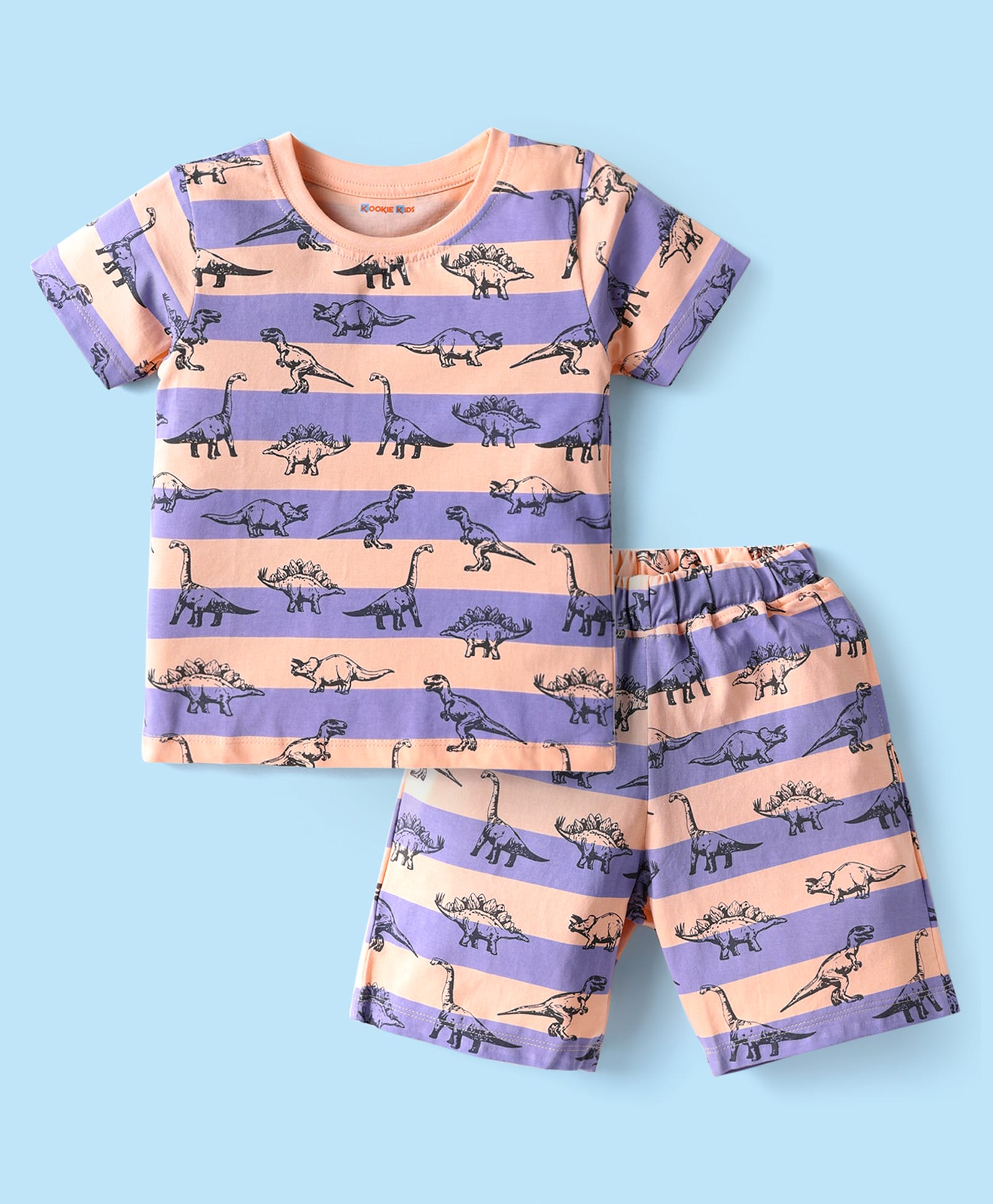kookie kids india Kookie Kids Single Jersey Knit Half Sleeves Shorts Co-Ord Night Suit With Dino Print - Purple & Beige-picture-32