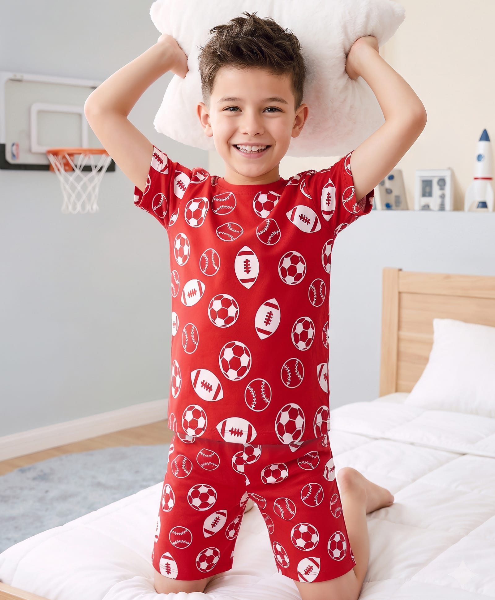 Kookie Kids Single Jersey Knit Half Sleeves Shorts Co-Ord Night Suit With Sport Theme Print - Red-image-4