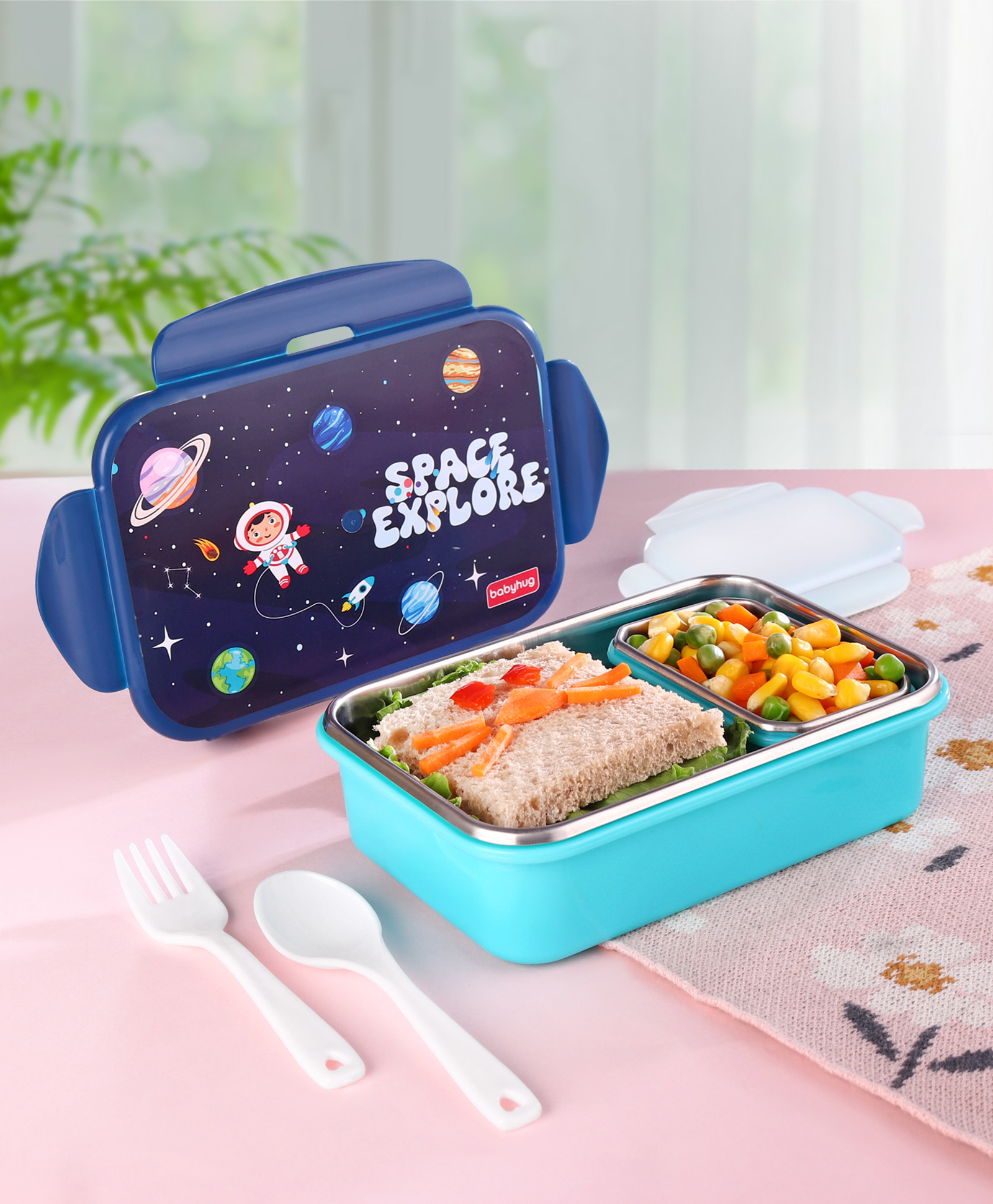 Babyhug Space Print Lunch Box with Inner Container & Spoons - Navy Blue