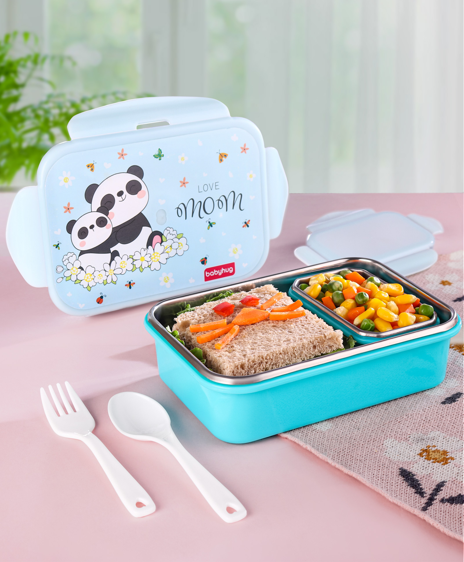 Babyhug Panda Print Lunch Box with Inner Container & Spoons - White & Light Blue-image-16