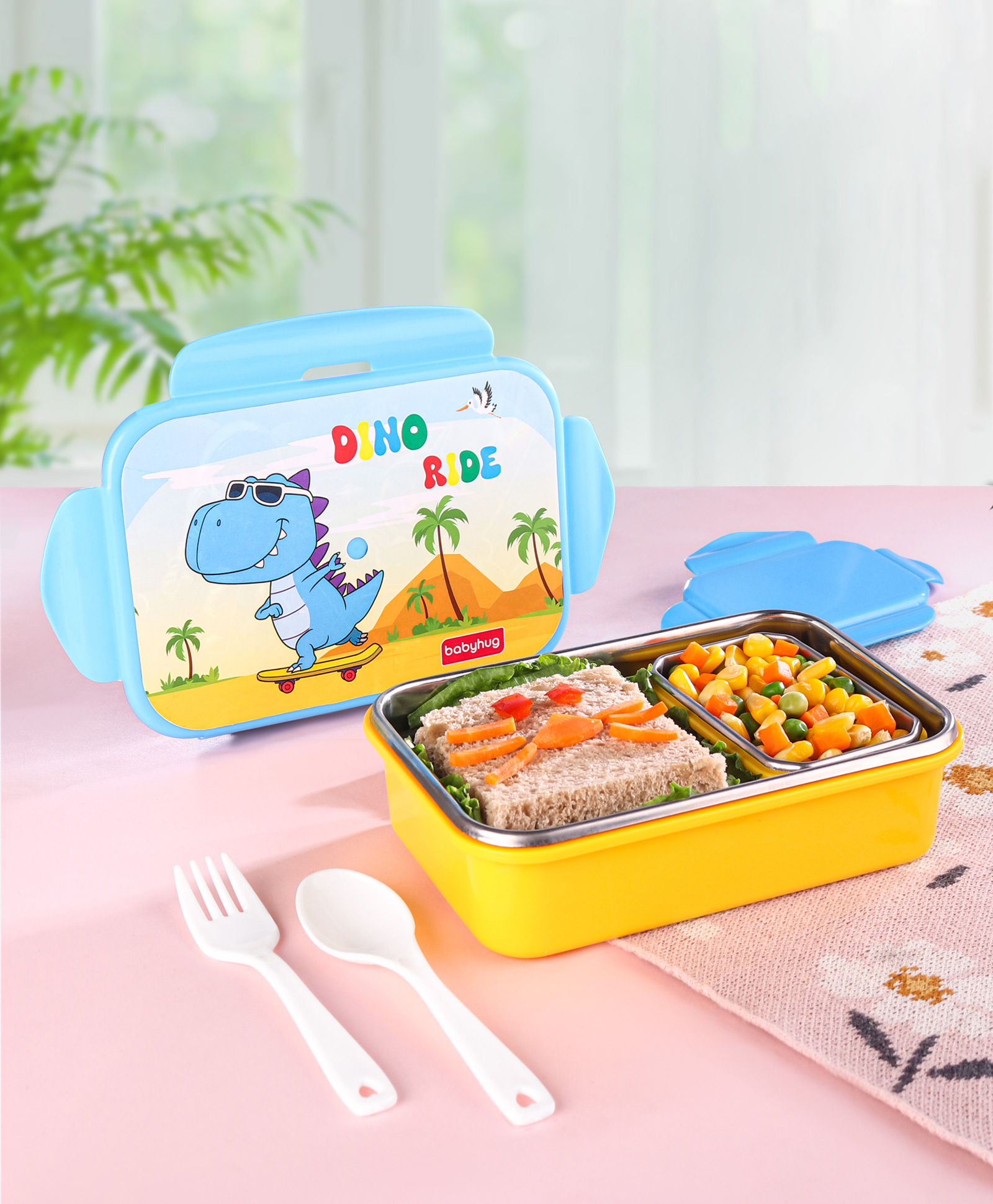 Babyhug Dino Print Lunch Box with Inner Container & Spoons - Light Blue & Yellow-image-3