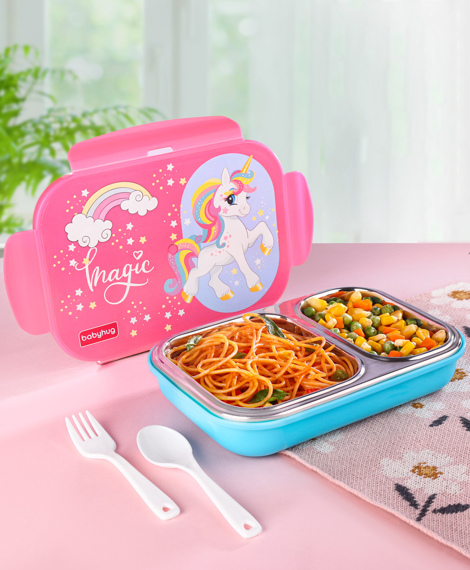 Babyhug Unicorn Print Lunch Box with Spoons - Pink & Purple
