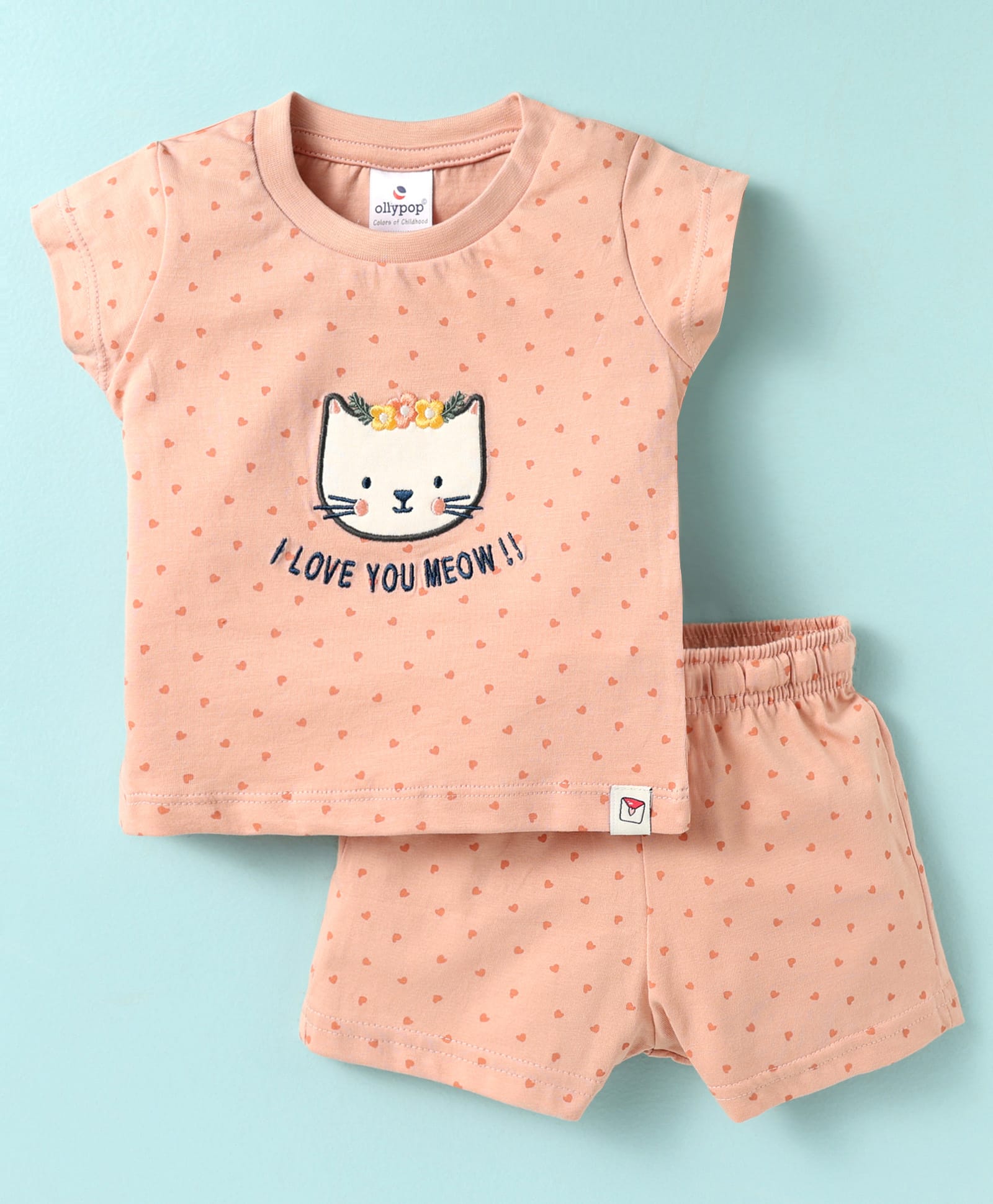 Ollypop Sinker Knit Half Sleeves Shorts Night Suit With Animal Print - Peach-image-43