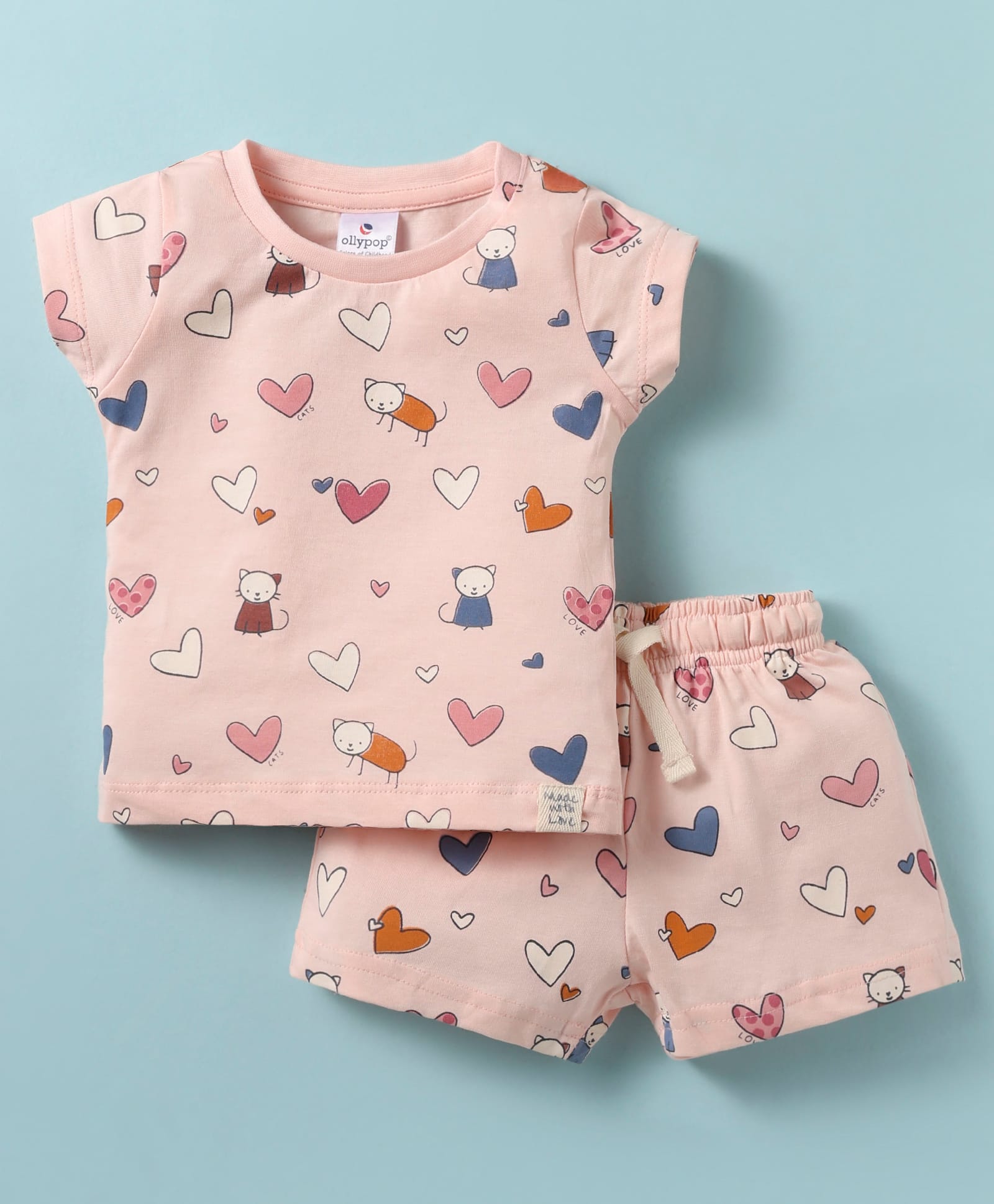 Ollypop Sinker Knit Half Sleeves Shorts Co-Ord Night Suit With Cat & Heart Print - Baby Pink-picture-37