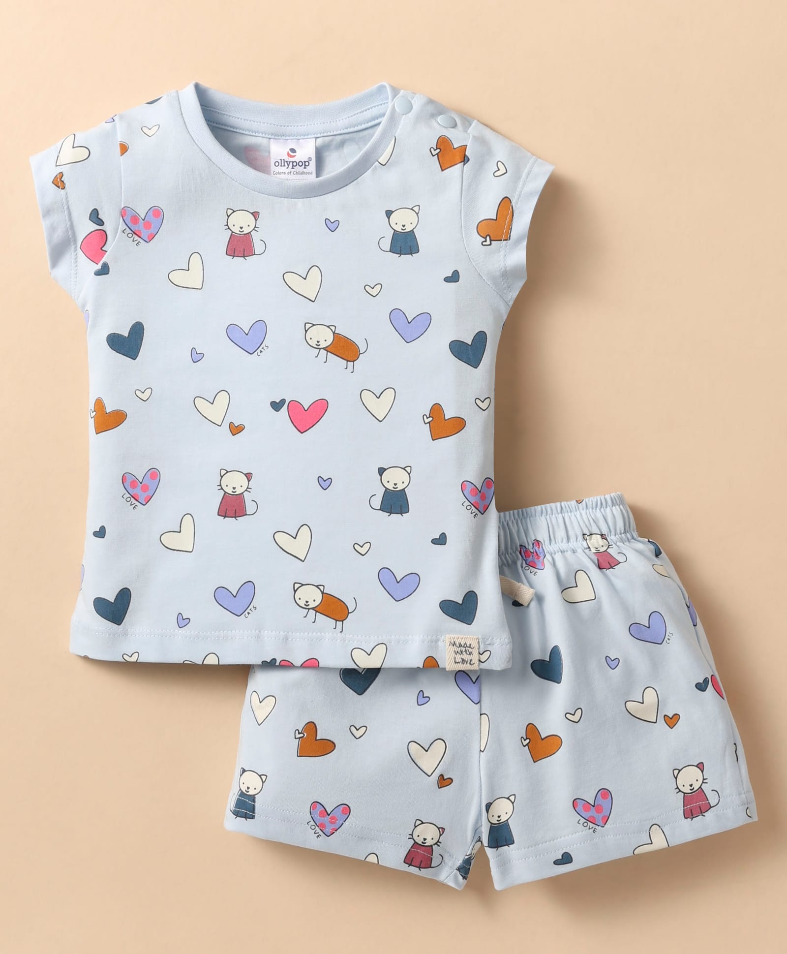 Ollypop Sinker Knit Half Sleeves Shorts Co-Ord Night Suit With Cat & Heart Print - Light Blue-image-24