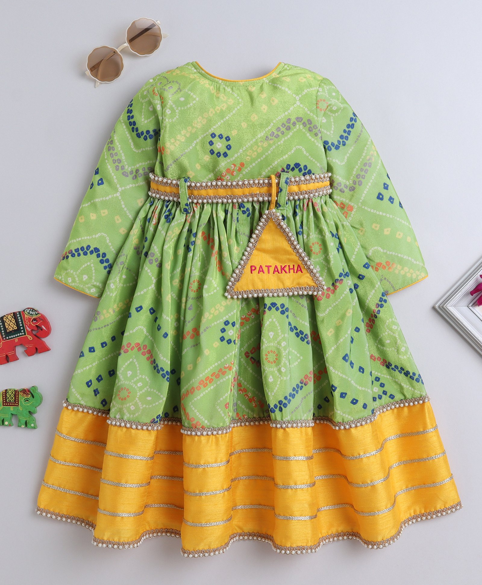 TINY MINY MEE Velvet Full Sleeves Bandhani Designed Lace & Beads Embellished Dress With Waist Belt - Green-image-14