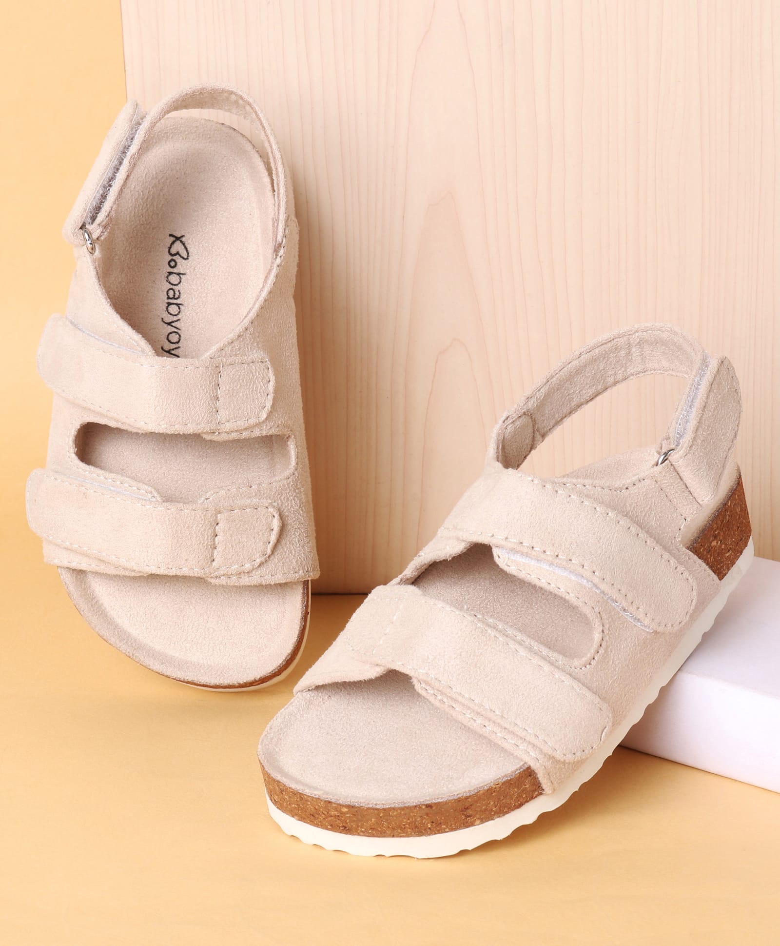 Babyoye Velcro Closure Solid Color Sandals - Beige-image-0