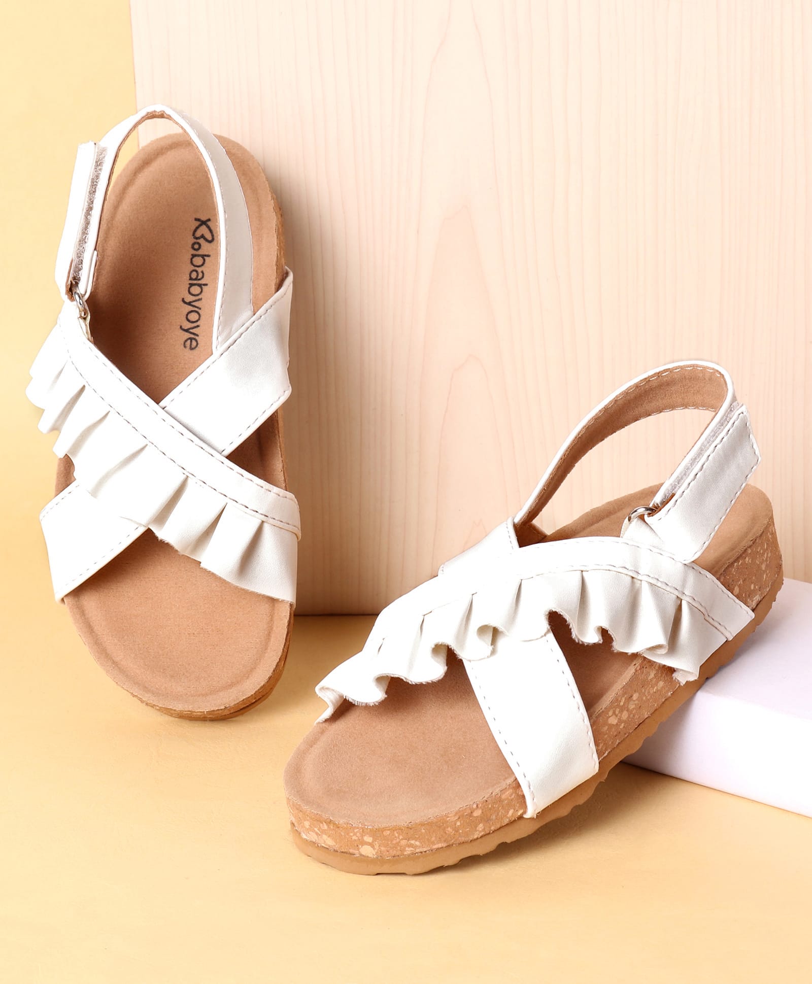 Babyoye Velcro Closure Solid Color Sandals with Frill Detailing - White