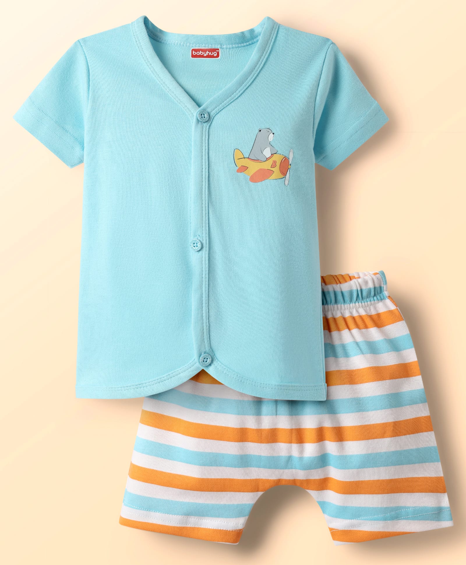 Babyhug Cotton Knit Half Sleeves Shorts Night Suit With Stripes & Bear Print - Light Blue-picture-31