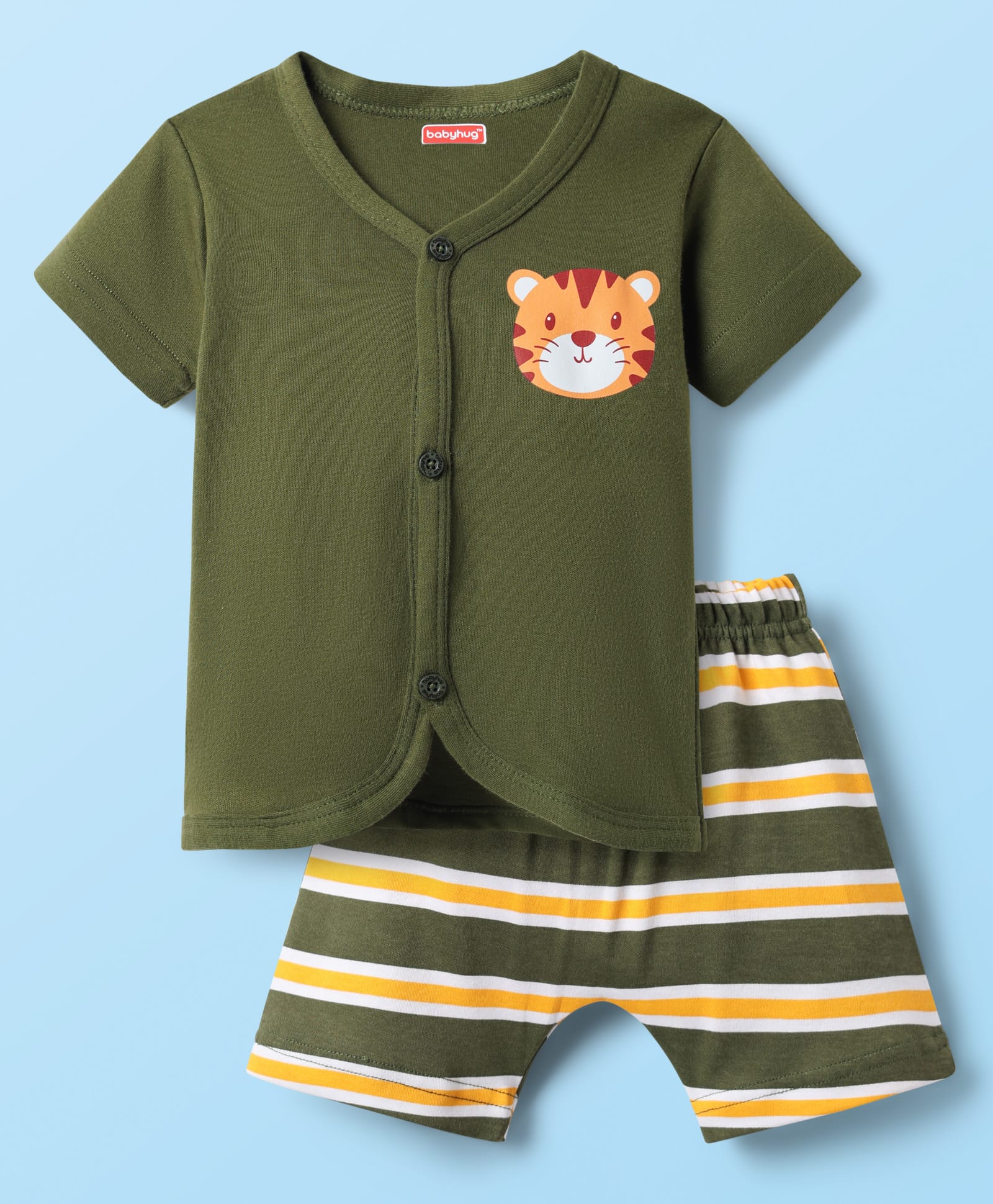 Babyhug Cotton Knit Front Open Half Sleeves Shorts Night Suit With Animal Print - Olive Green-image-44