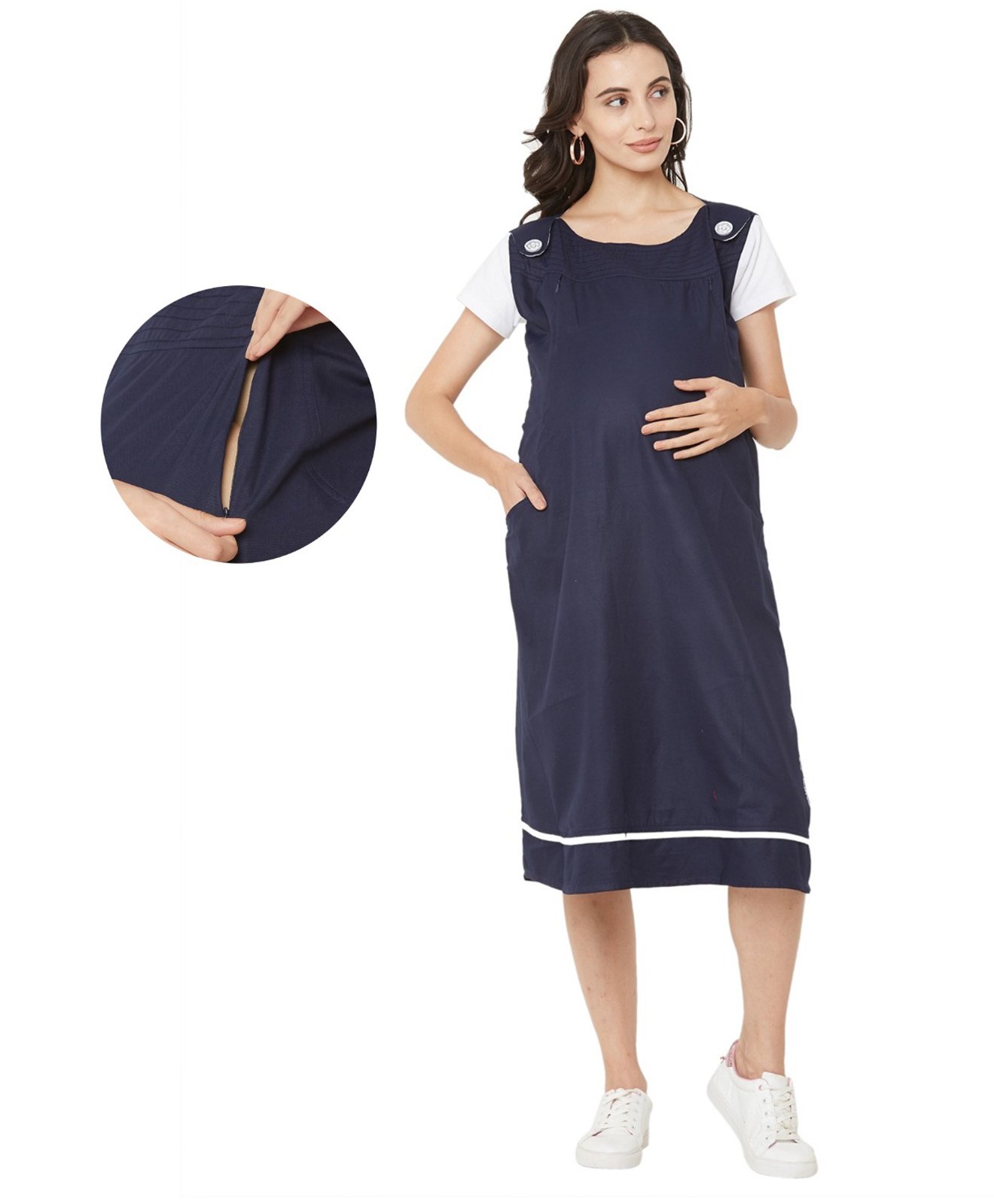MOM'S BEE Cotton Rayon Half Sleeves Floral Printed Maternity Dress With Nursing Access - Navy Blue-image-35