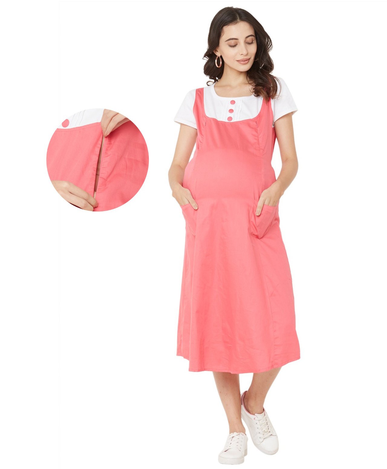 MOM'S BEE Cotton Rayon Half Sleeves Colour Blocked Maternity Dress With Nursing Access - Pink-image-34