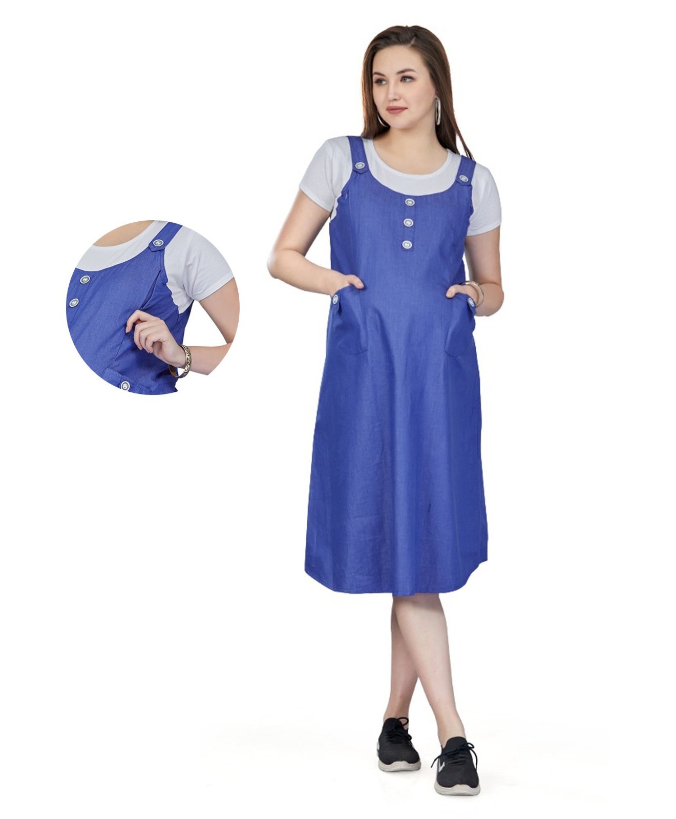 MOM'S BEE Cotton Denim Half Sleeves Colour Blocked Maternity Dress With Nursing Access - Dark Blue-image-44