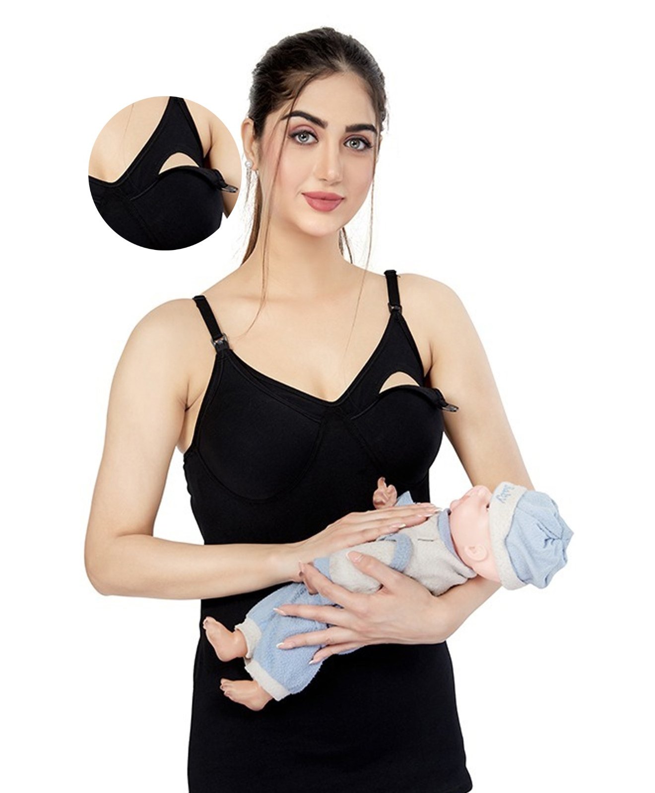 MOM'S BEE Modal Sleeveless Solid Camisole With Nursing Access - Black-image-19