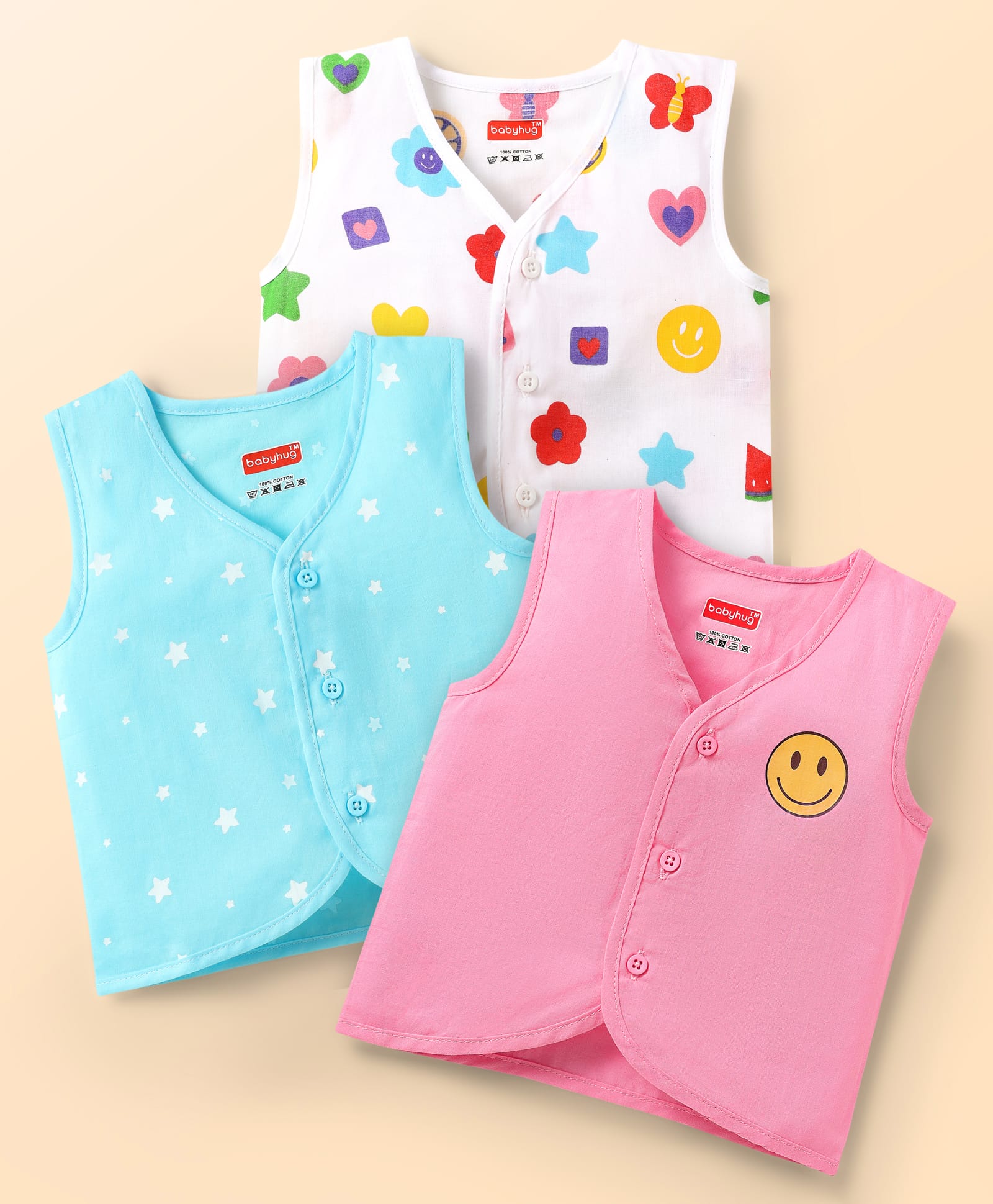 Babyhug 100% Cotton Front Open Sleeveless Jhablas With Floral & Star Print Pack Of 3 - Pink White & Light Blue-image-49