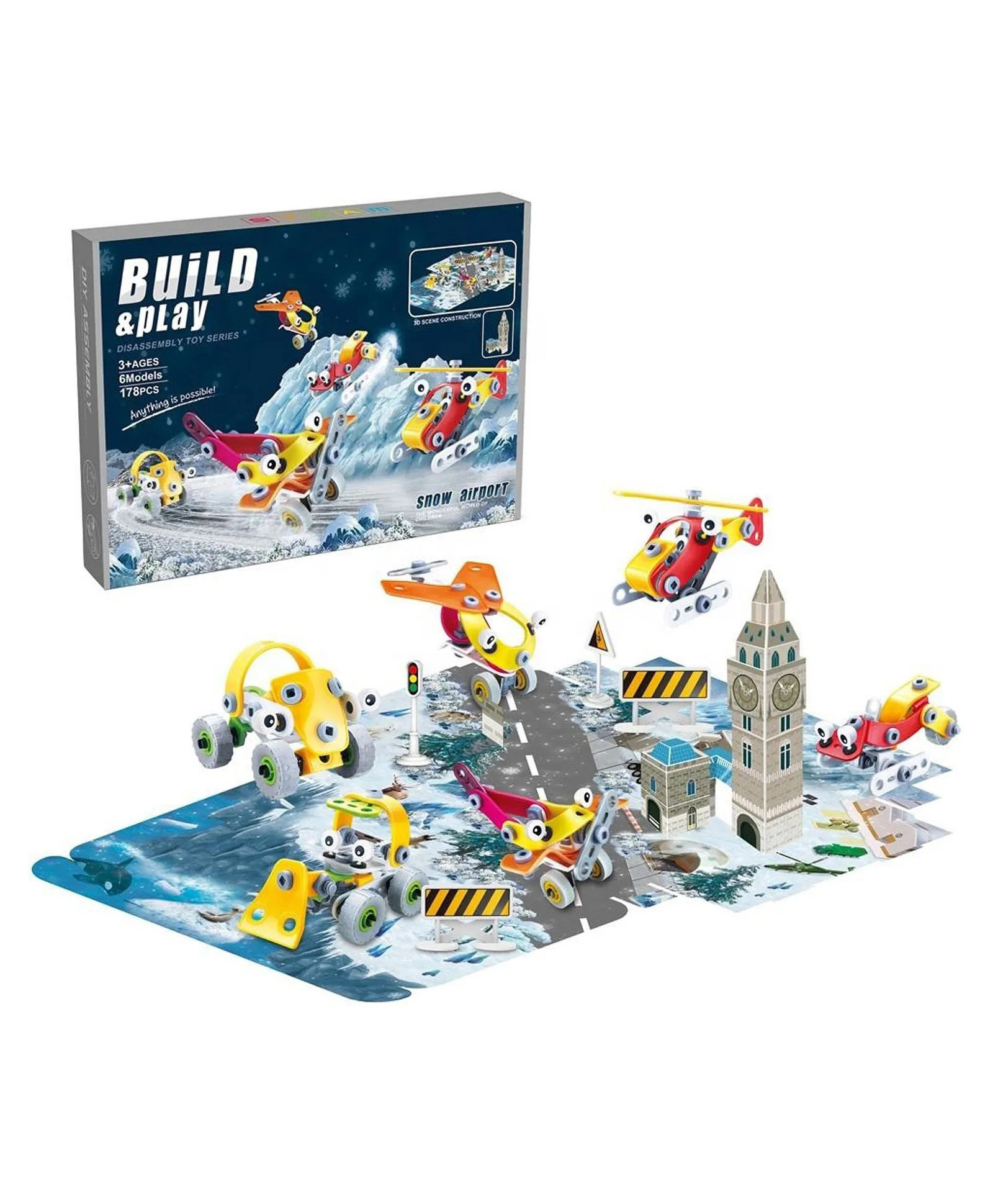 Azhari Build & Play 178pcs 6 in 1 Diy Take Apart Toys Vehicle Transportation Building Kids Flexible Screw Assembly Blocks Toy with 3 D Scene Puzzle Color Design May Vary-image-11