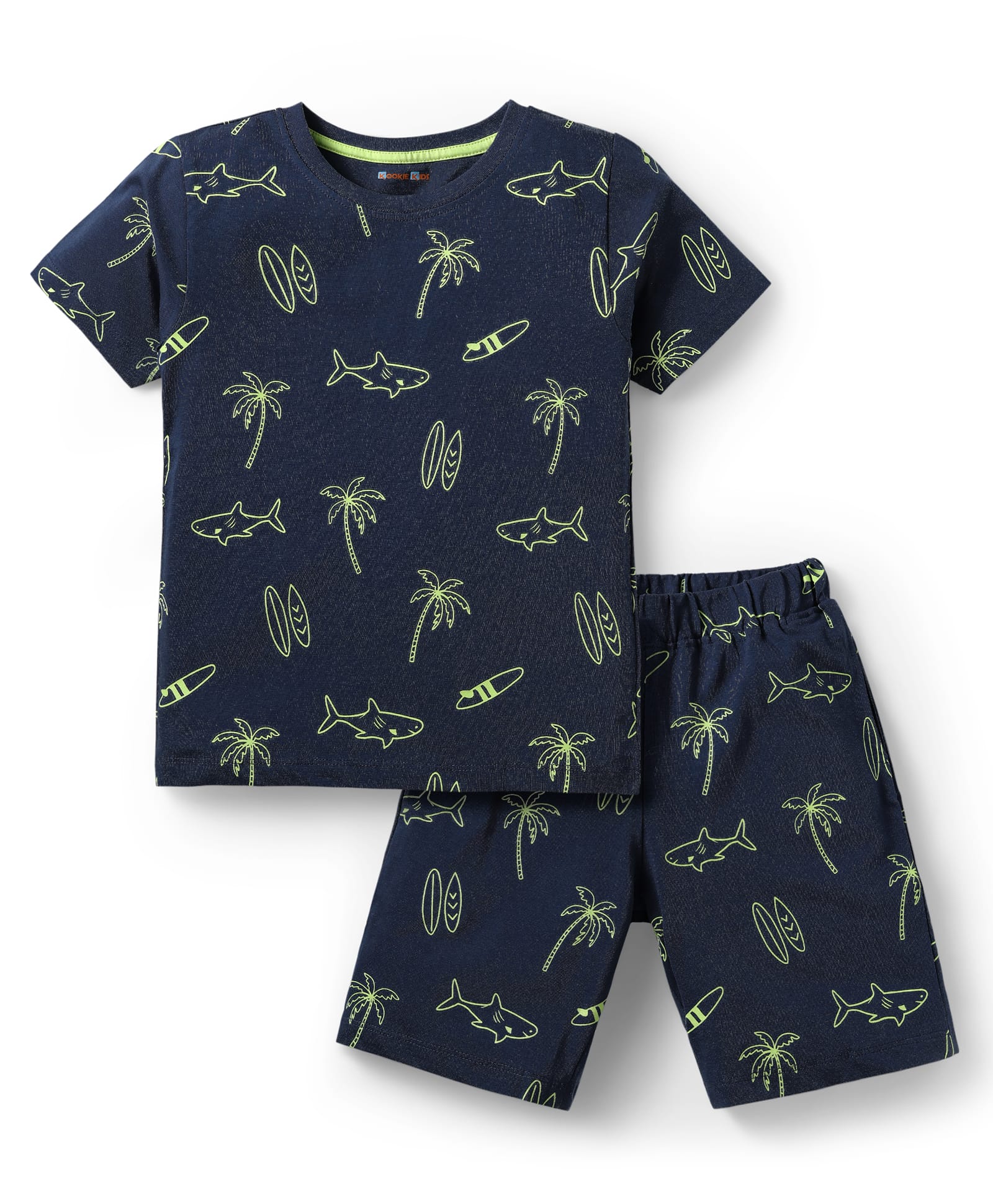 kookie kids india Kookie Kids Single Jersey Knit Half Sleeves Shorts Co-Ord Night Suit With Beach Theme Print - Navy Blue-picture-20