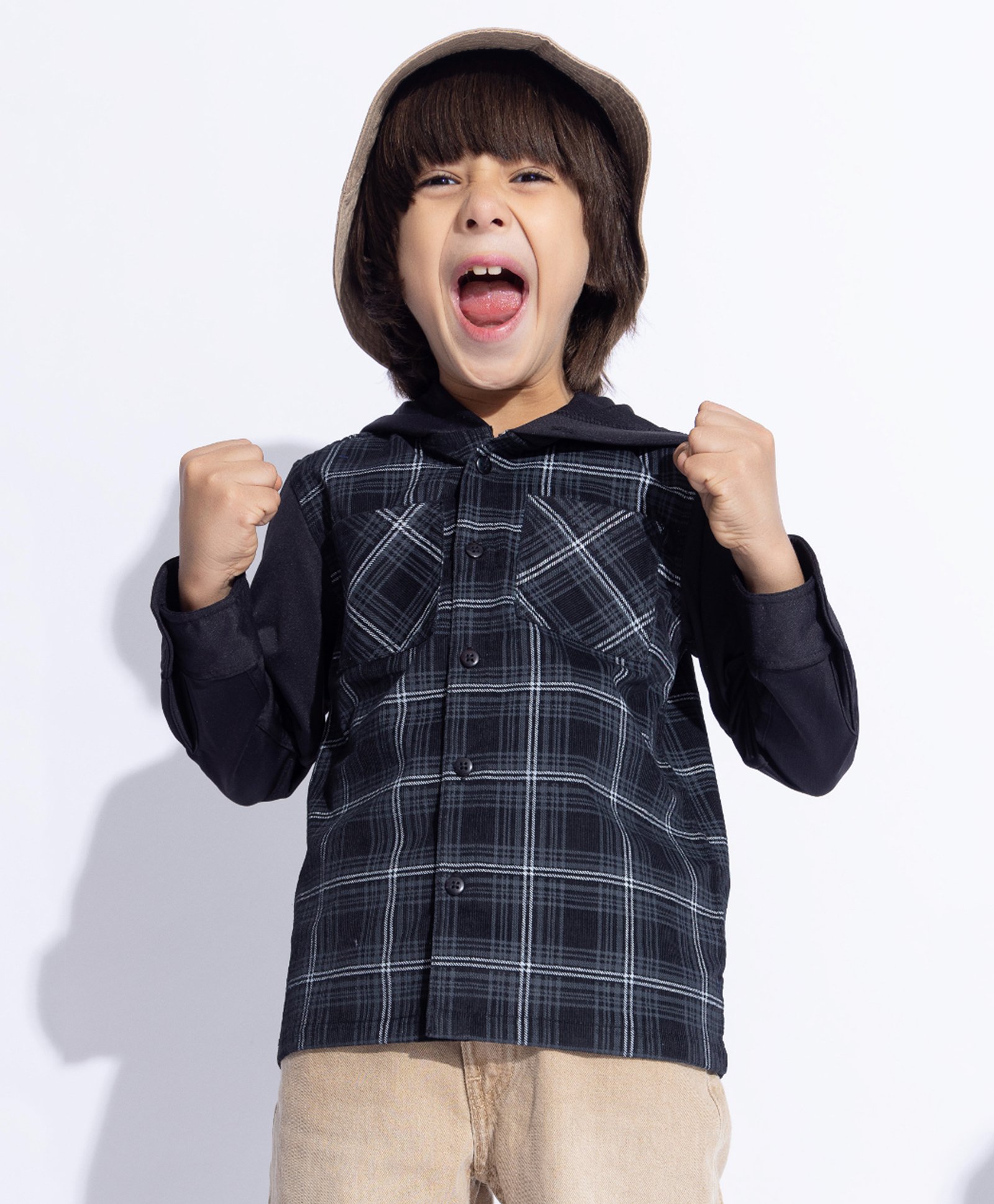 Taffykids Corduroy Full Sleeves Checked Hooded Shirt - Black-picture-24