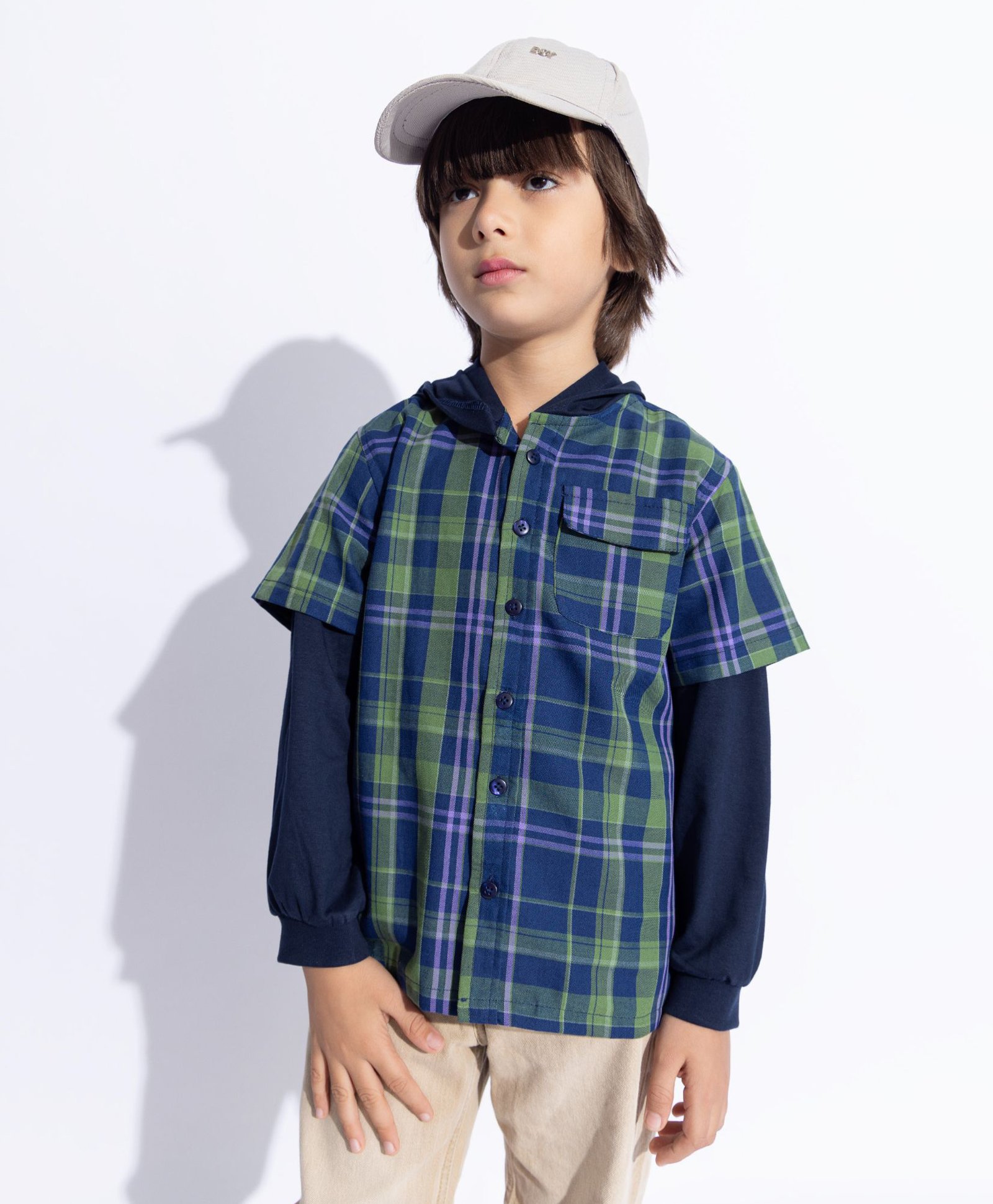 Taffykids Twill Full Sleeves Checked Shirt With Attached Hoodie - Navy Blue & Green-image-40