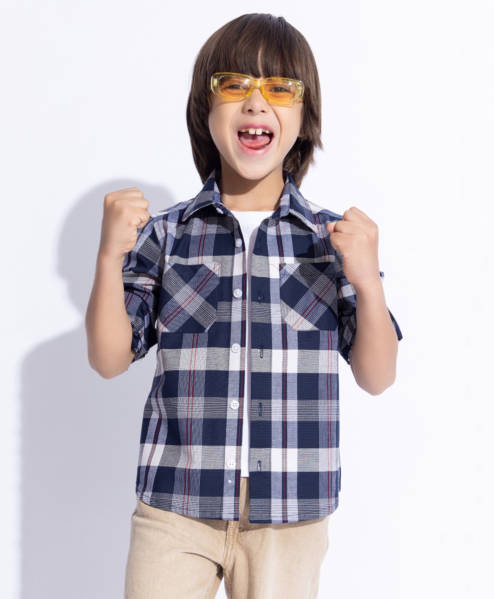 Taffykids Cotton Full Sleeves Checked Shirt With Attached Tee - Navy Blue & White-image-21