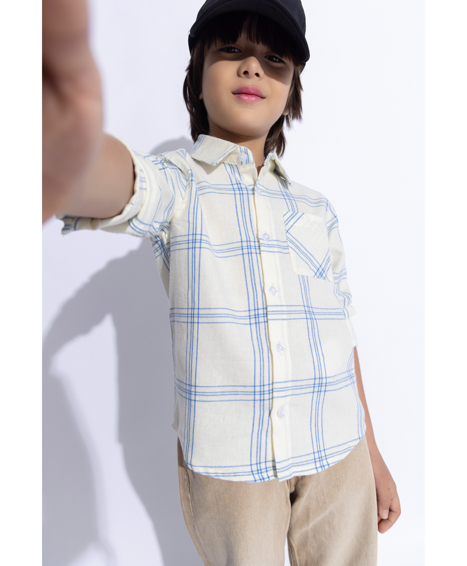 Taffykids 100% Cotton Full Sleeves Checked Shirt - Off White & Blue-picture-22