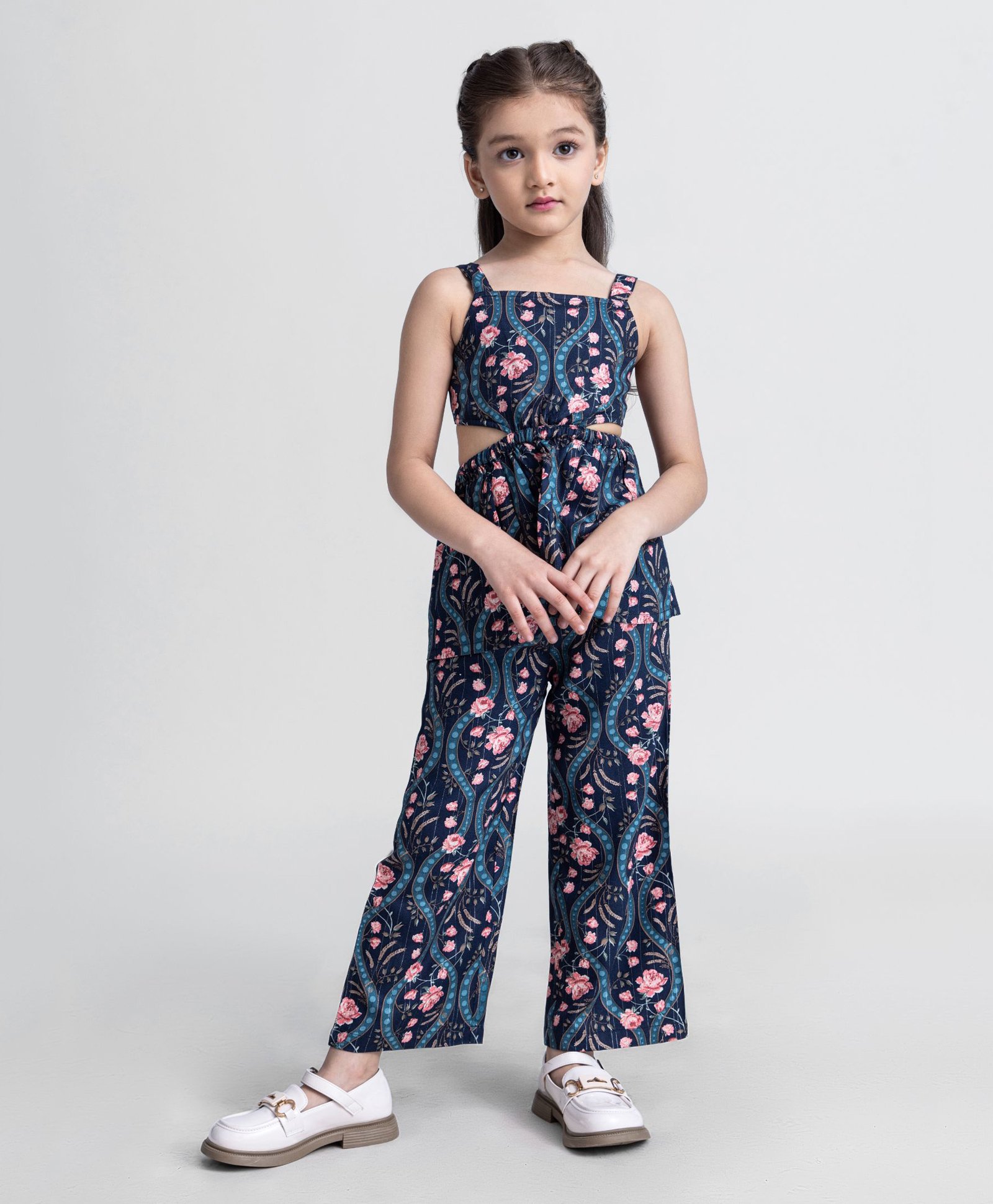 Taffykids Viscose Sleeveless Floral Printed Coordinating Top & Pant Set - Navy Blue & Multi Colour-image-26