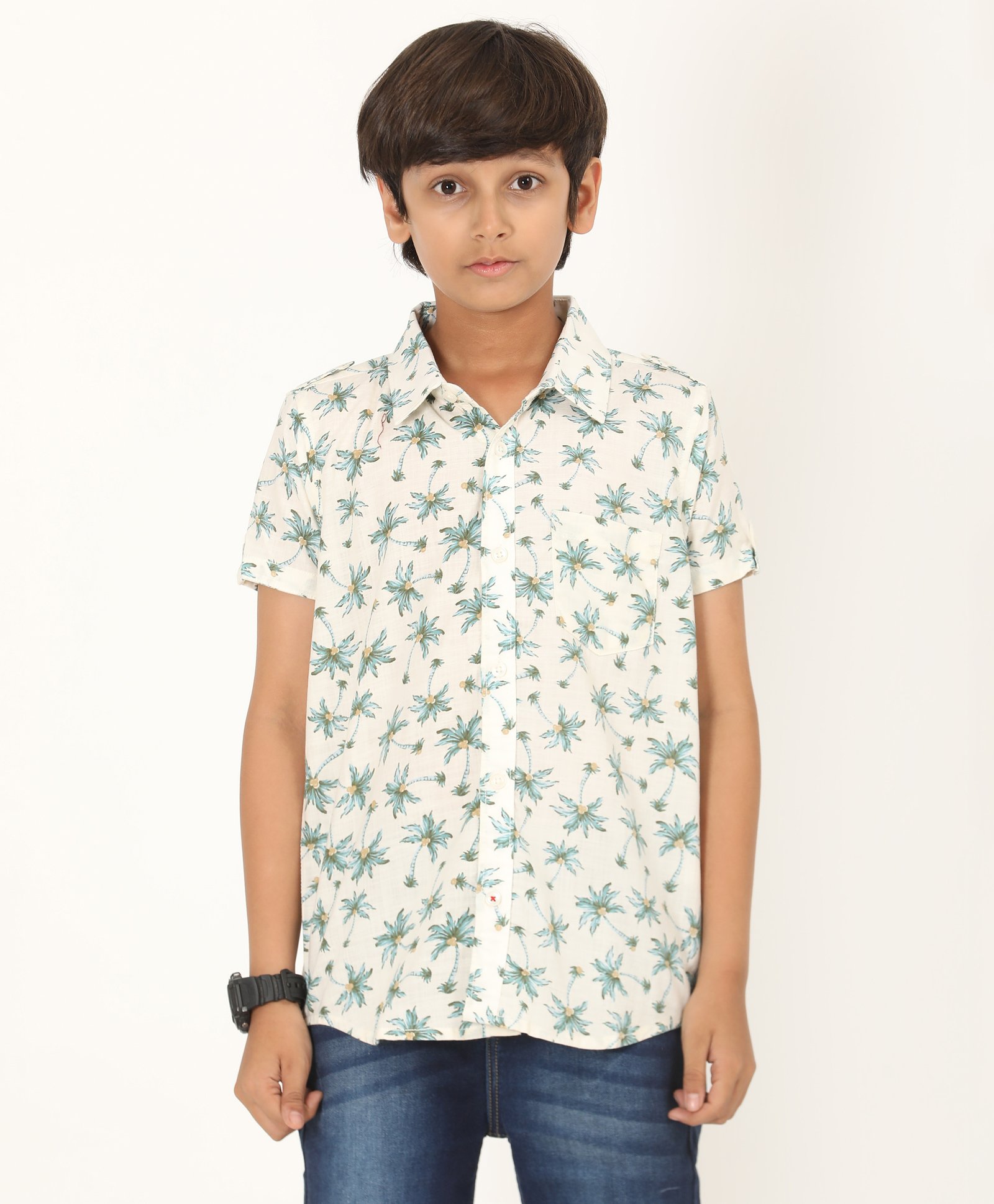Zion Cotton Half Sleeves Palm Tree Printed Shirt - Off White-picture-2