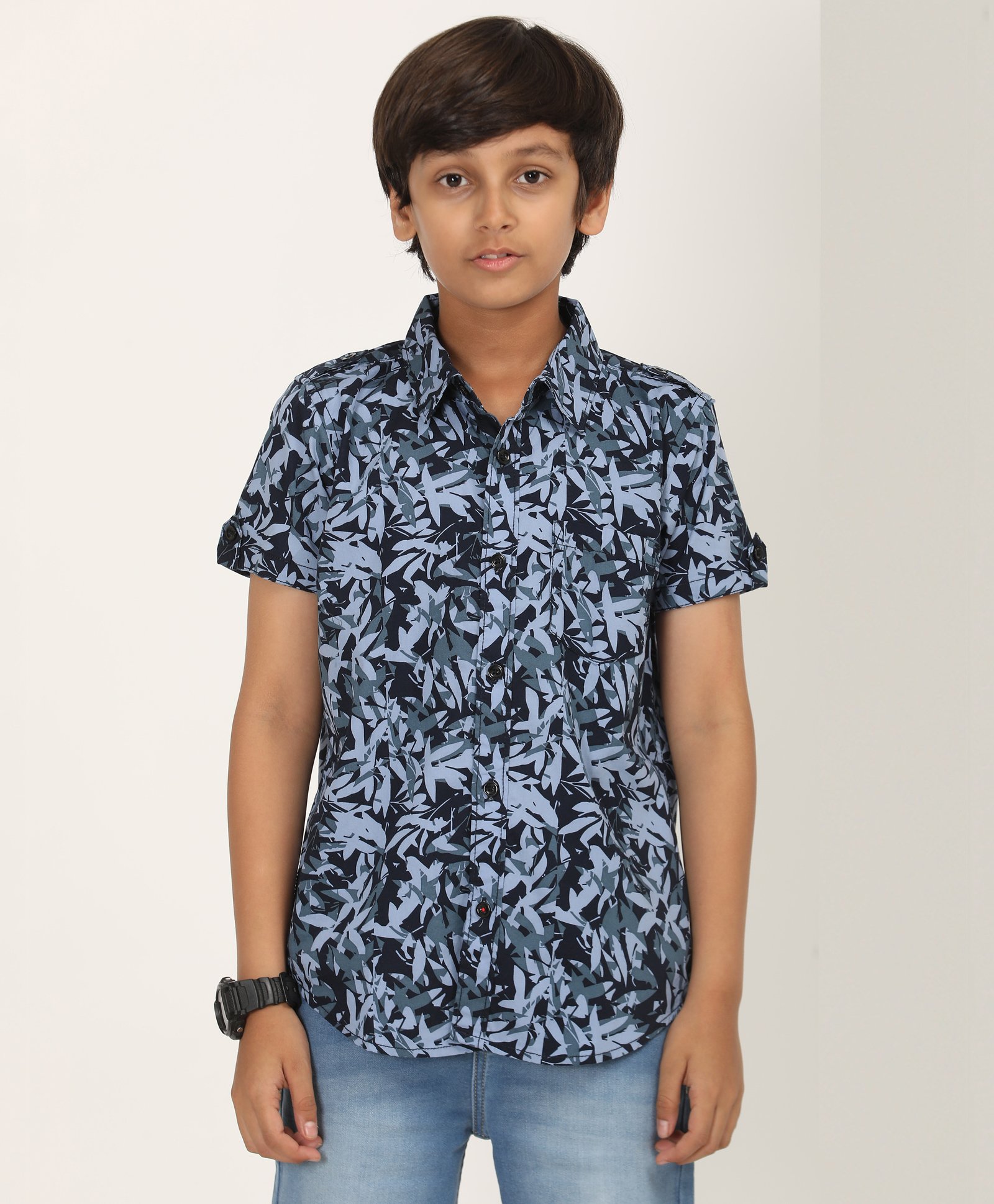 Zion Cotton Half Sleeves Leaves Printed Shirt - Navy Blue-image-6