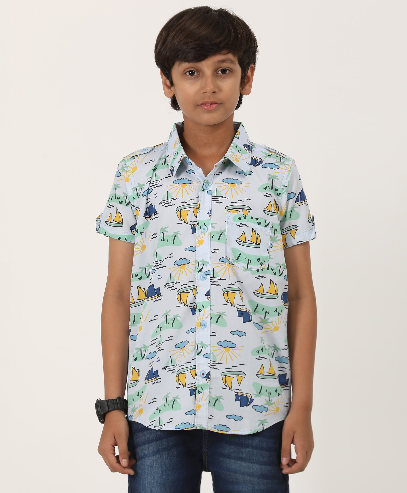 Zion Cotton Half Sleeves Boats Printed Shirt - Light Blue-picture-31