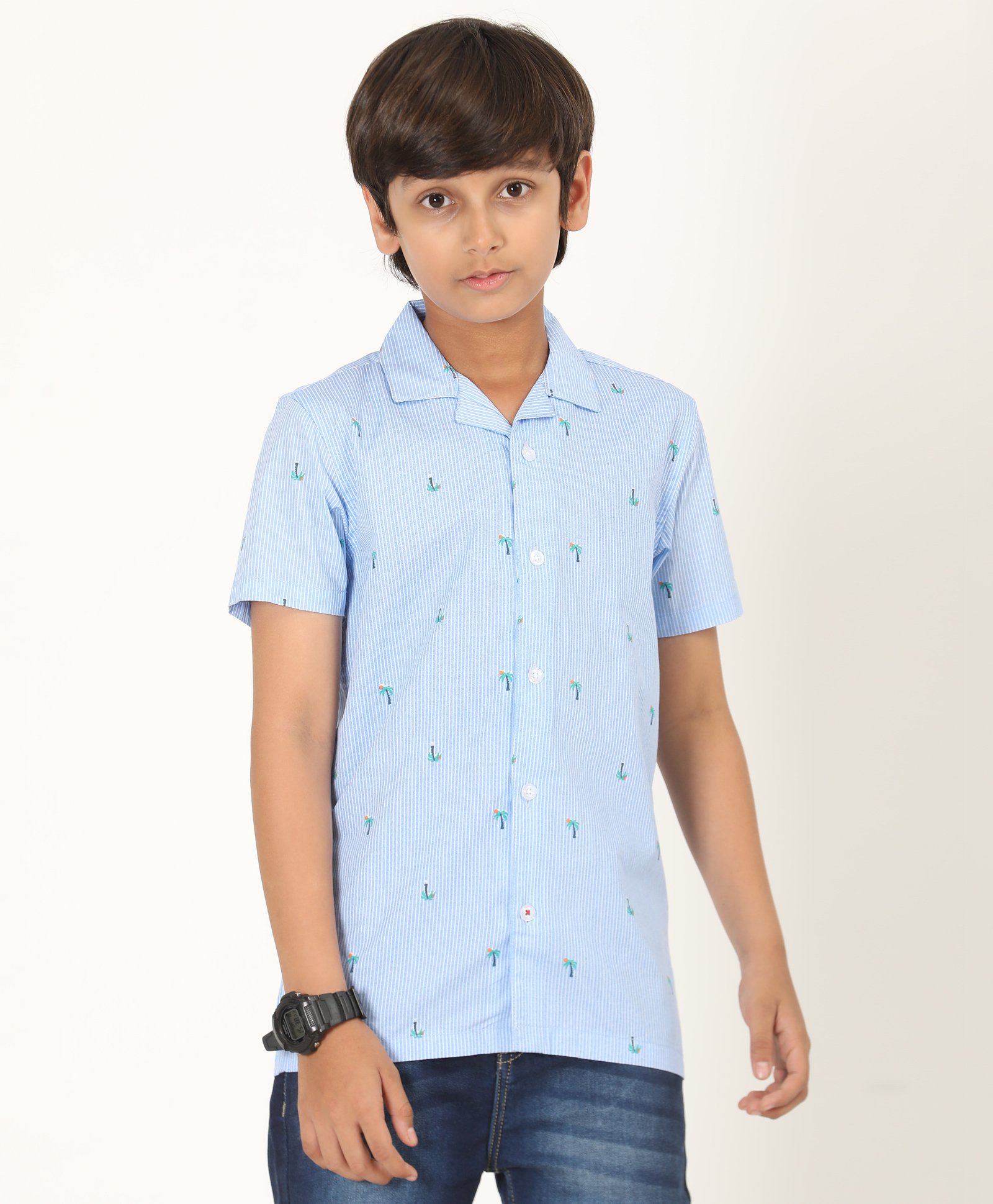 Zion Cotton Half Sleeves Palm Tree Printed Striped Shirt - Light Blue-picture-20