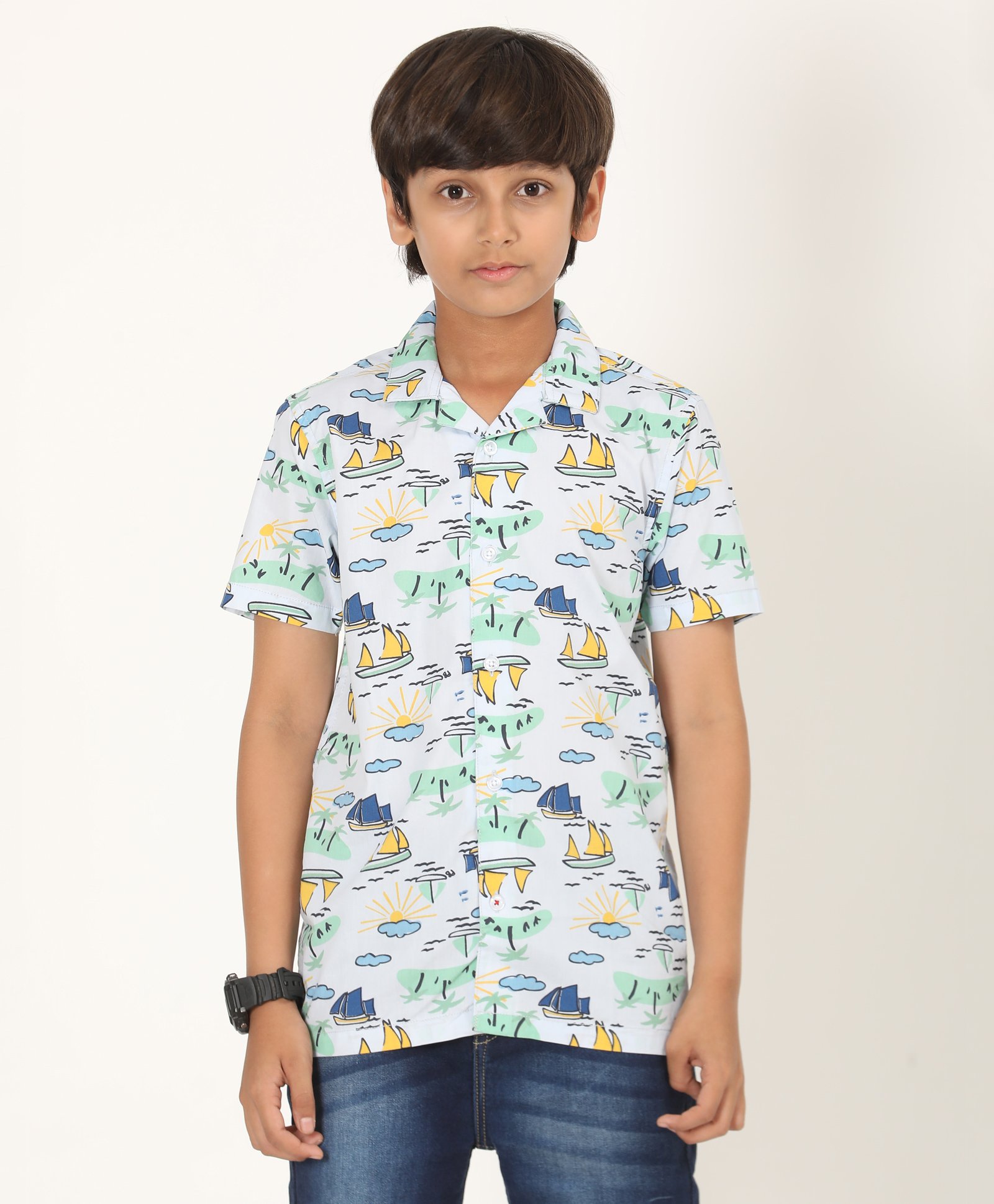 Zion Cotton Half Sleeves Sailboat Printed Shirt - Light Blue-picture-27