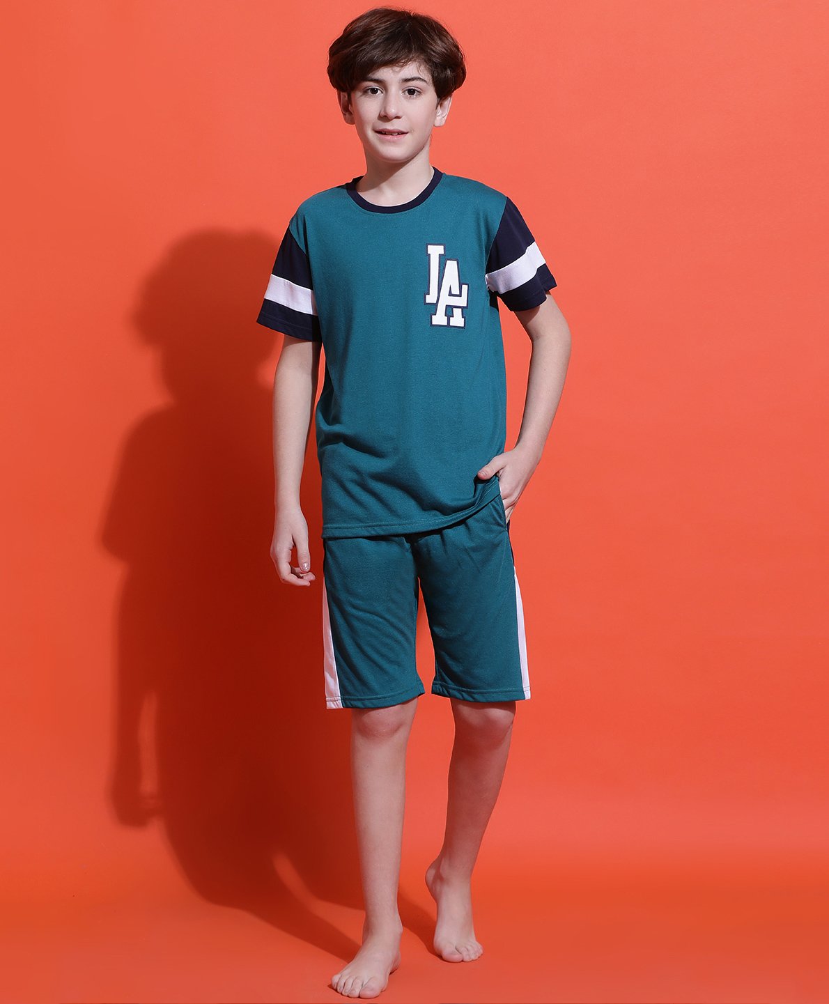 Lil Tomatoes Cotton Jersey Knit Half Sleeves La Text Printed Night Suit Set - Teal Blue-image-21