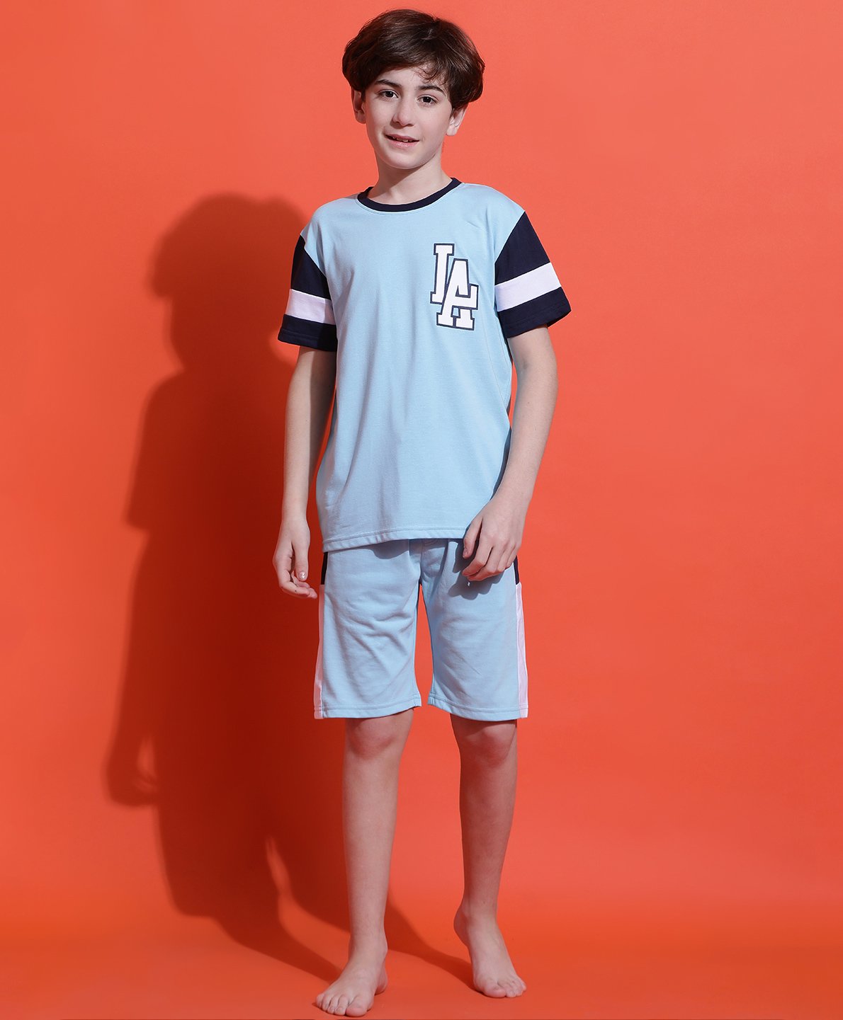 Lil Tomatoes Cotton Jersey Knit Half Sleeves La Text Printed Night Suit Set - Sky Blue-picture-35