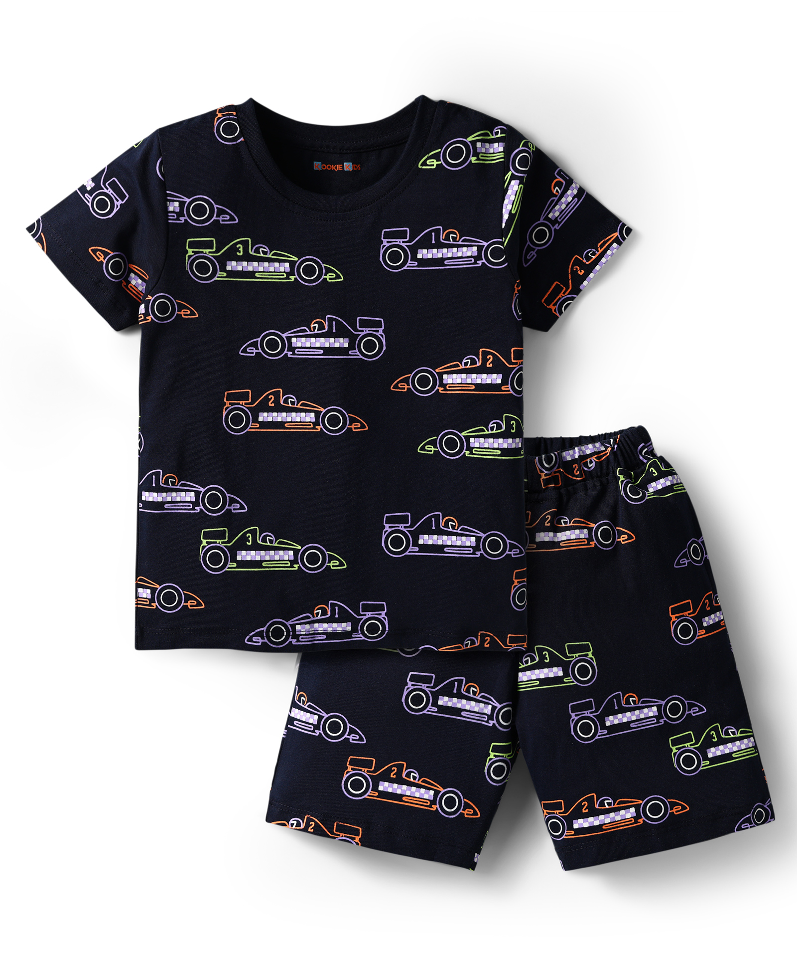 kookie kids india Kookie Kids Single Jersey Knit Half Sleeves Shorts Co-Ord Night Suit With Car Print - Navy Blue-picture-19