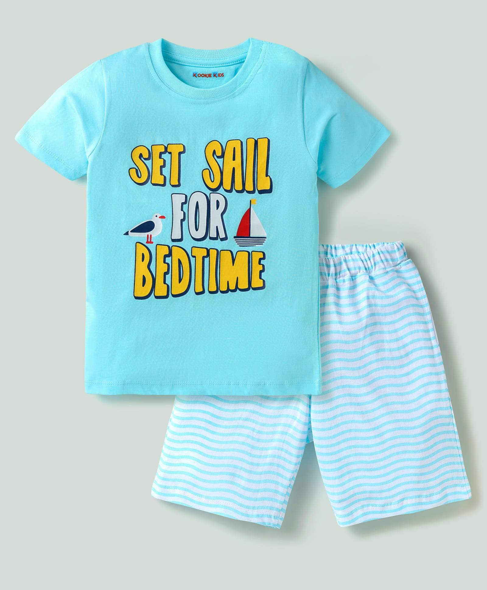 kookie kids india Kookie Kids Single Jersey Knit Half Sleeves Shorts Night Suit With Nautical Theme Print - Light Blue-picture-27