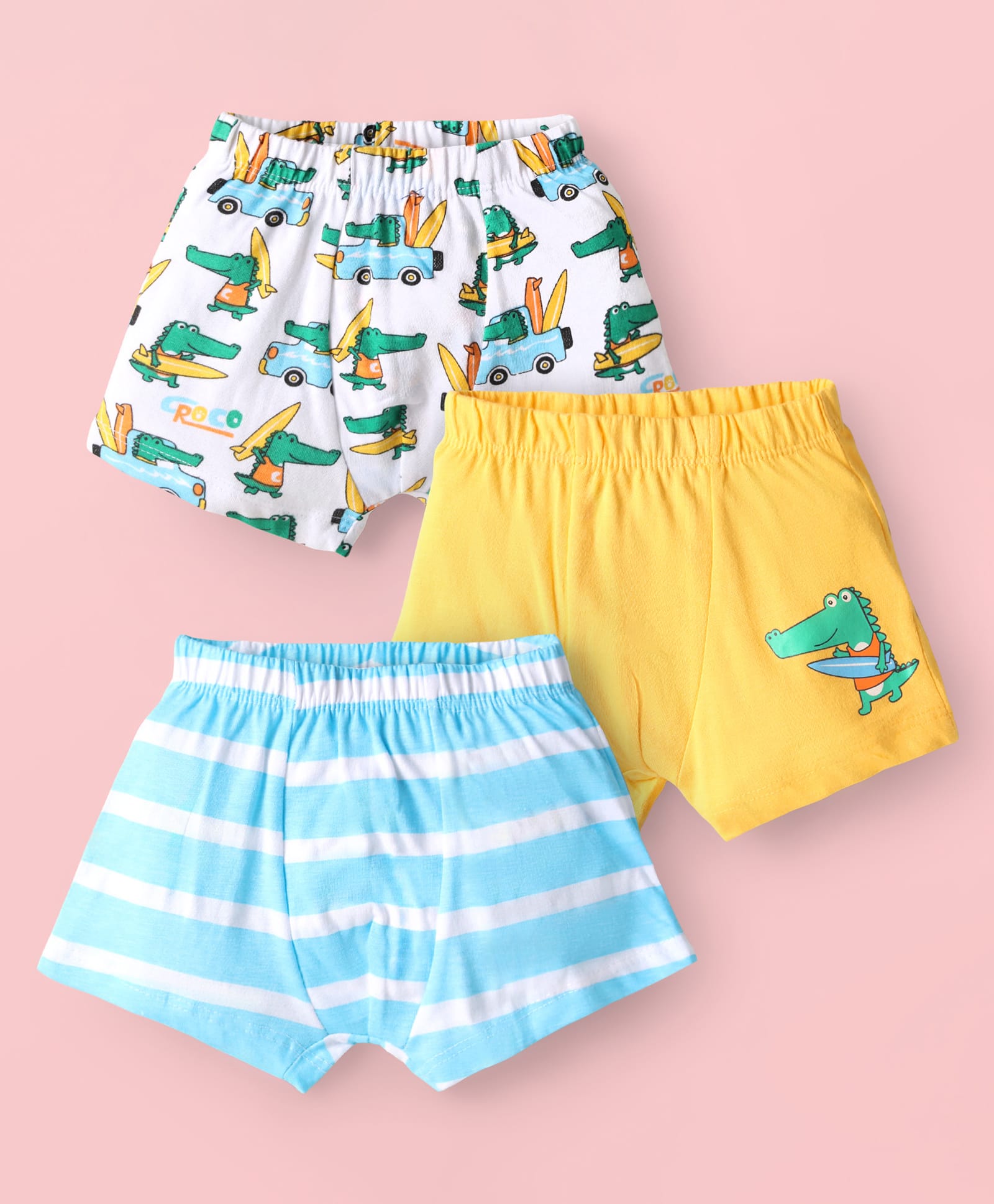 Babyhug 100% Cotton Knit Antibacterial Trunks with Stripes & Animal Print Pack of 3 - Yellow Light Blue & White-image-23