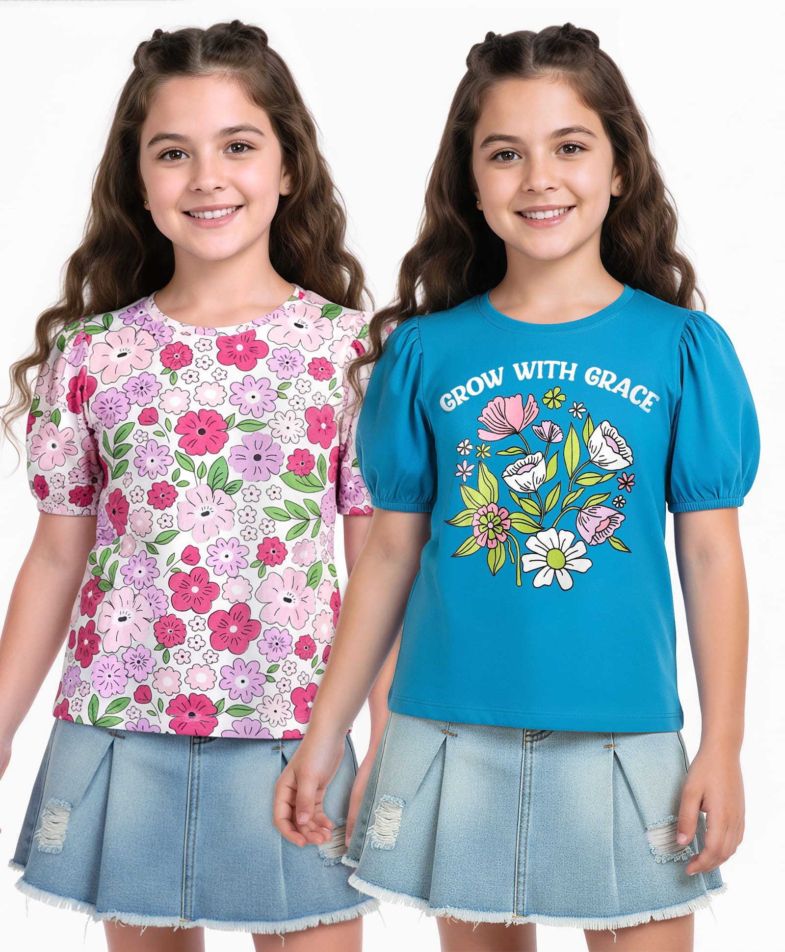 Honeyhap 100% Premium Cotton Bio Finish Half Sleeves Tops With Floral Print Pack Of 2 - Dresden Blue & Bright White-picture-23