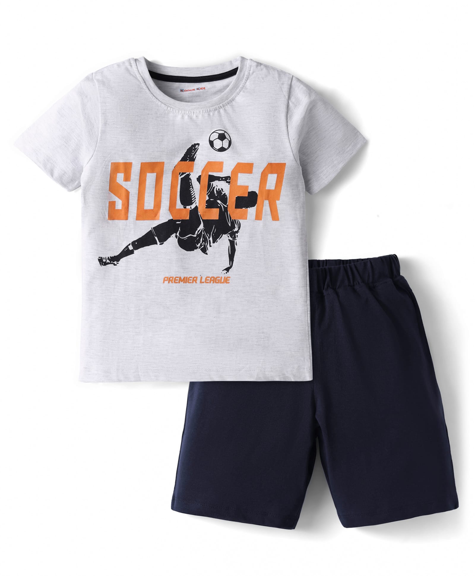 Kookie Kids Single Jersey Knit Half Sleeves Shorts Night Suit With Soccer Print - Light Grey & Navy Blue-image-43