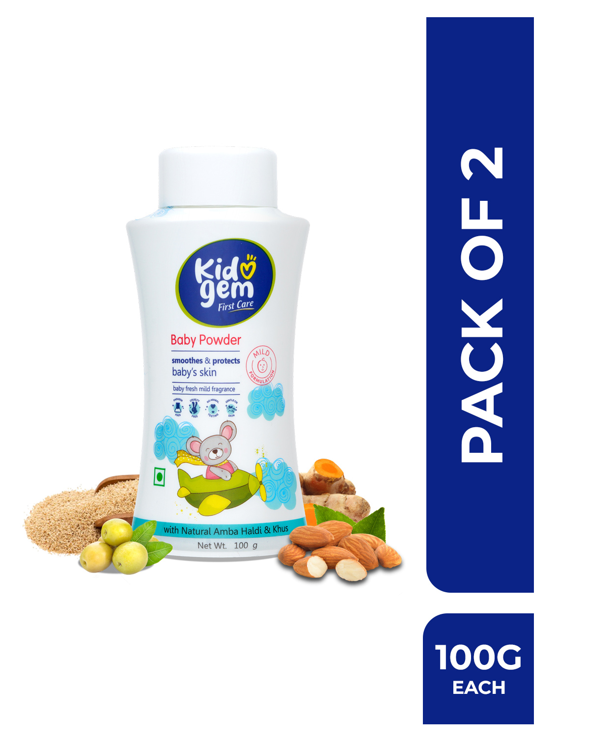Kidogem Baby Powder Ideal For Newborn & kids Enriched with Khus and Amba Haldi Soft & Safe for Baby Skin Set of 2 x 100 g-image-15