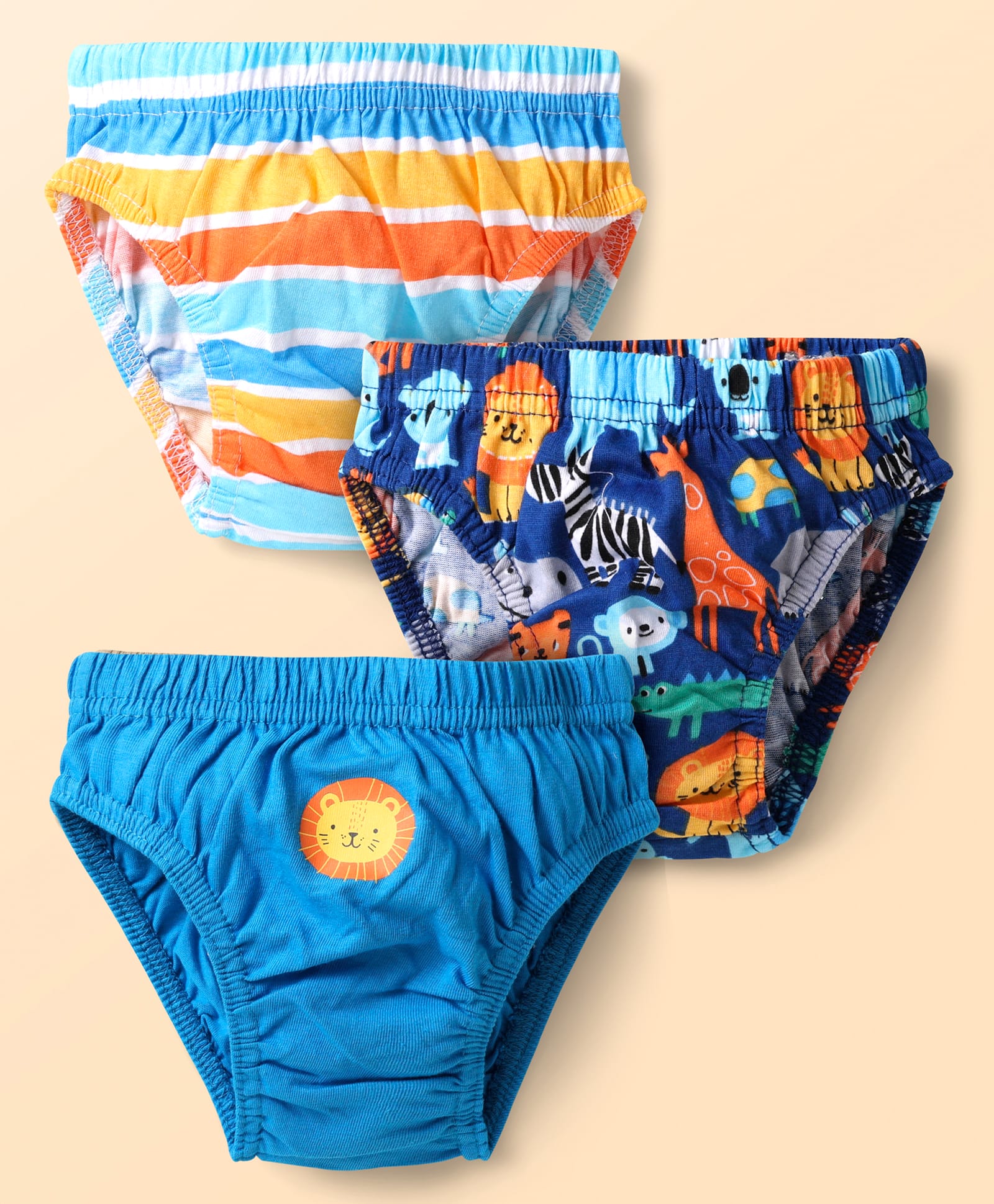 Babyhug 100% Cotton Knit Antibacterial Briefs with Animal Print & Stripes Pack of 3 - Multicolor-image-26