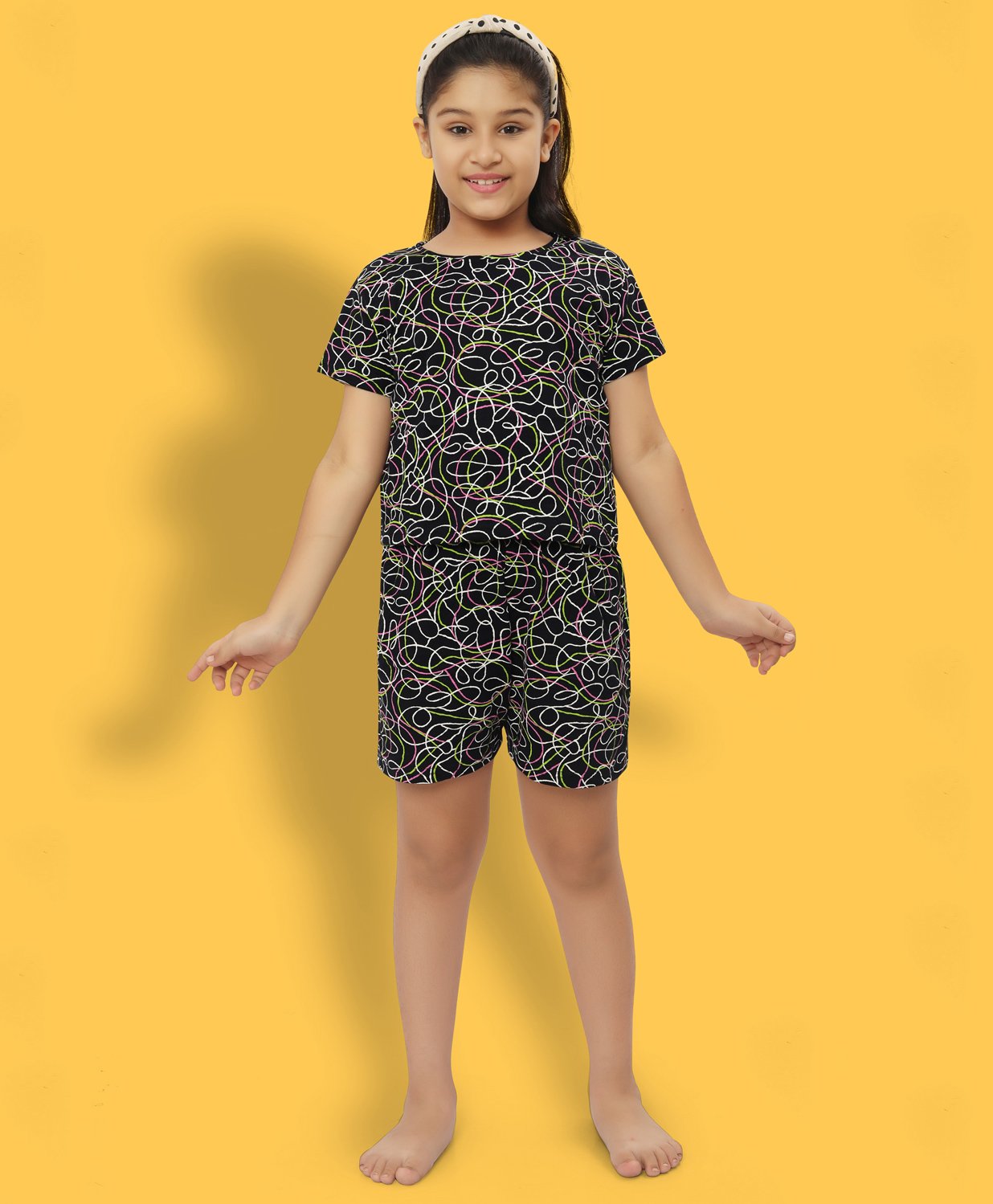 Ninos Dreams Cotton Knit Half Sleeves Abstract Printed Coordinating Tee & Shorts Set - Multi Colour-image-40