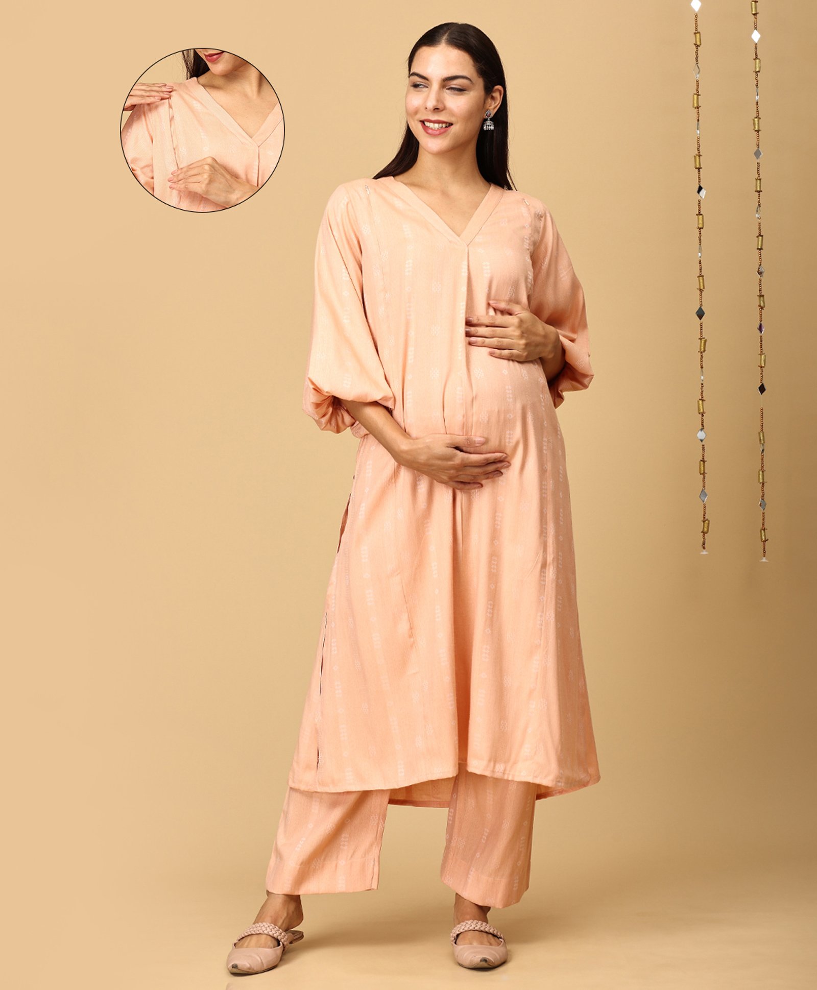 The Mom Store Cotton Three Fourth Balloon Sleeves Abstract Printed Maternity Kurta With Nursing Access & Pant - Peach-image-16