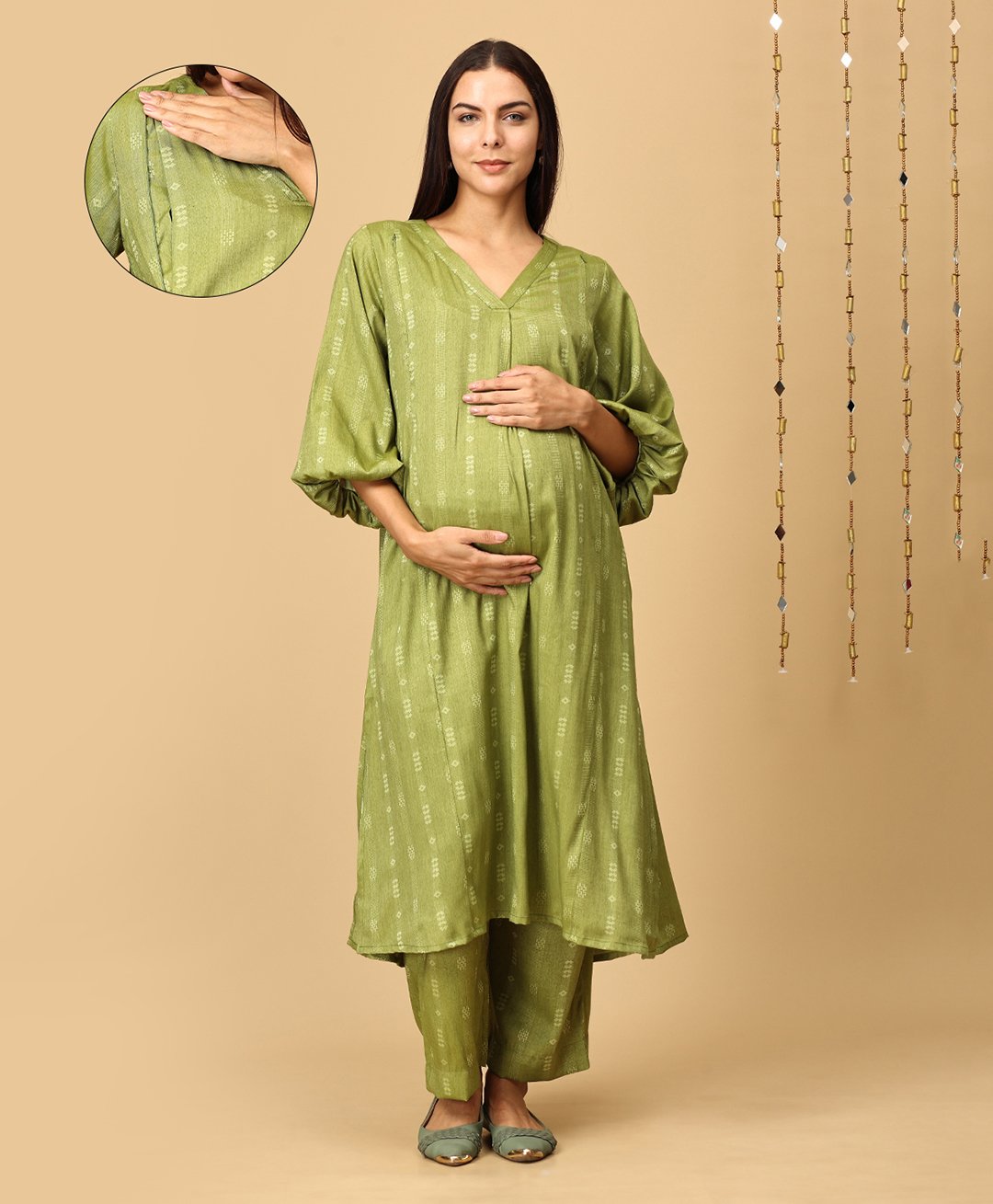 The Mom Store Cotton Rayon Three Fourth Balloon Sleeves Bandhani Printed Maternity Kurta With Nursing Access & Pant Set - Green-picture-21