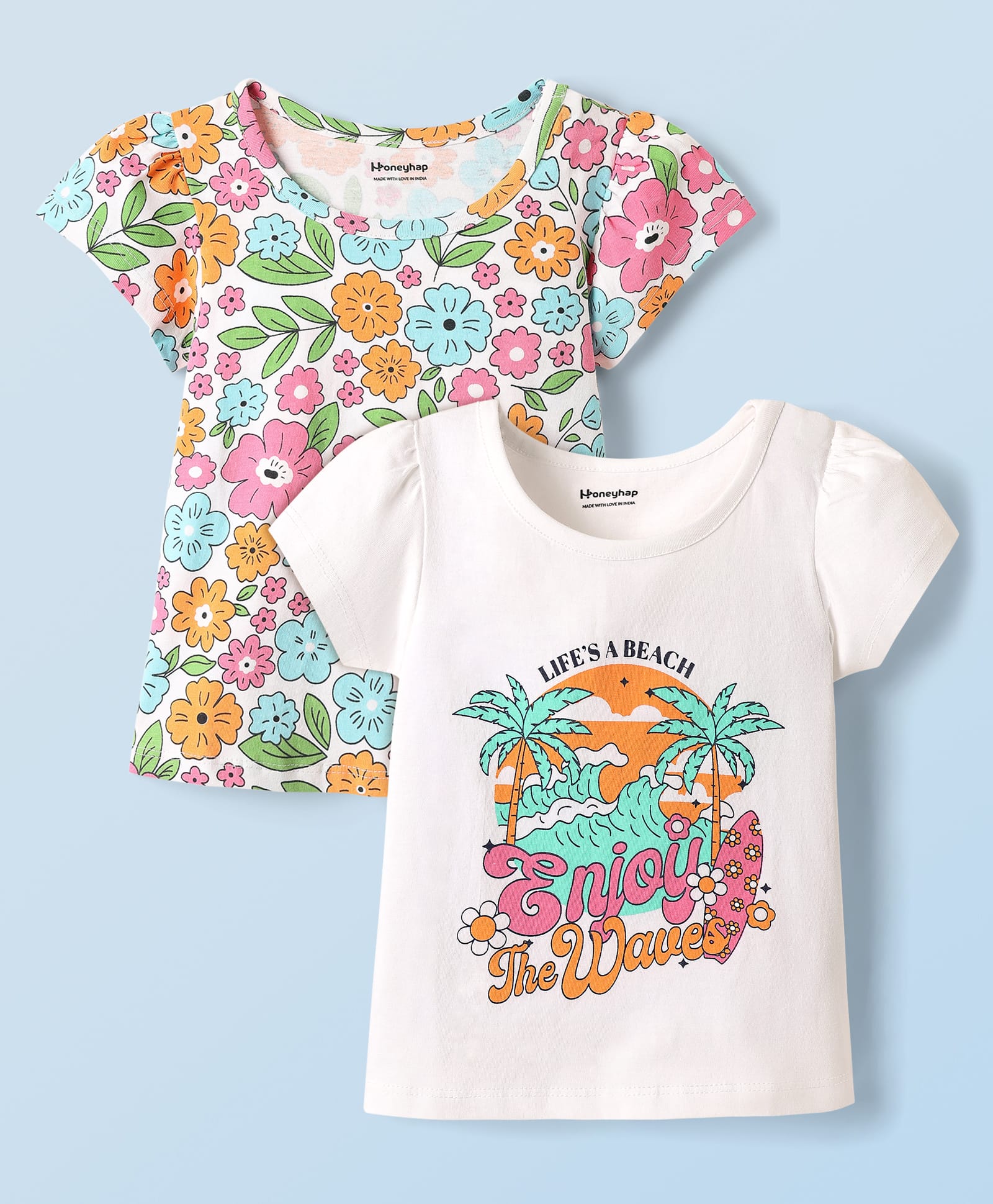 Honeyhap Premium 100%Cotton Knit Half Sleeves Tops with Bio Finish & Flora Print Pack of 2 - Bright White-picture-15