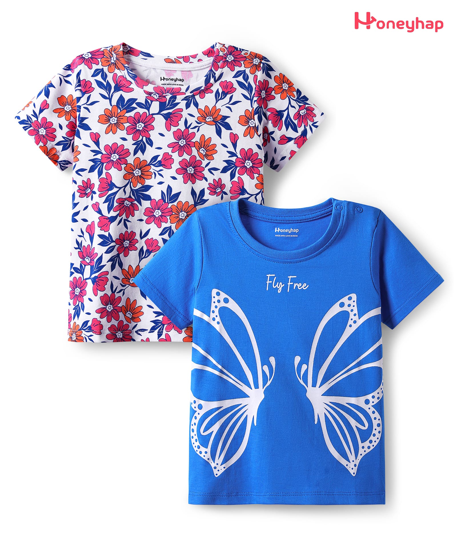 Honeyhap Premium 100% Cotton Knit Half Sleeves Tops with Bio Finish Floral & Butterfly Print Pack of 2 - Ibiza Blue & Bright White-image-49