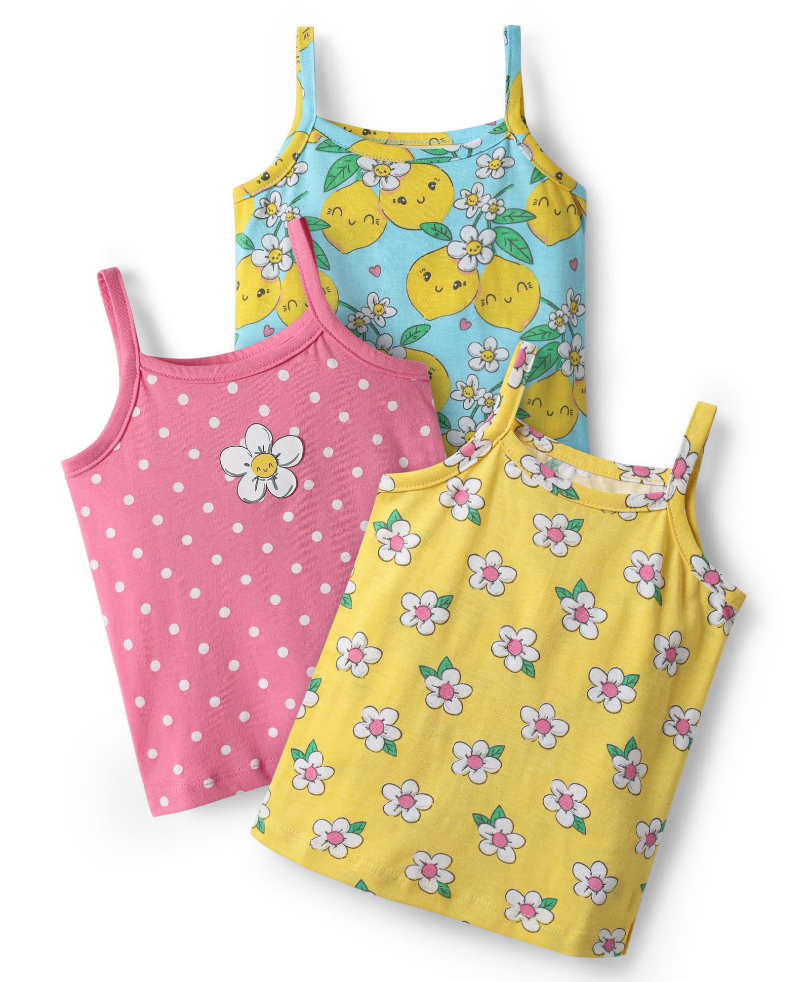 Babyhug 100% Cotton Single Jersey Knit Sleeveless Antibacterial Slips With Floral & Polka Dot Print Pack Of 3 - Pink Yellow & Light Blue