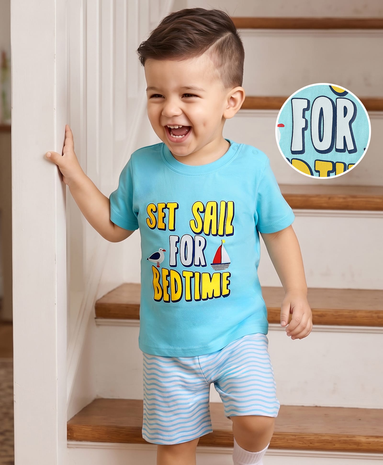 Kookie Kids Cotton Jersey Knit Half Sleeves Shorts Night Suit With Nautical Theme Print - Light Blue-image-41