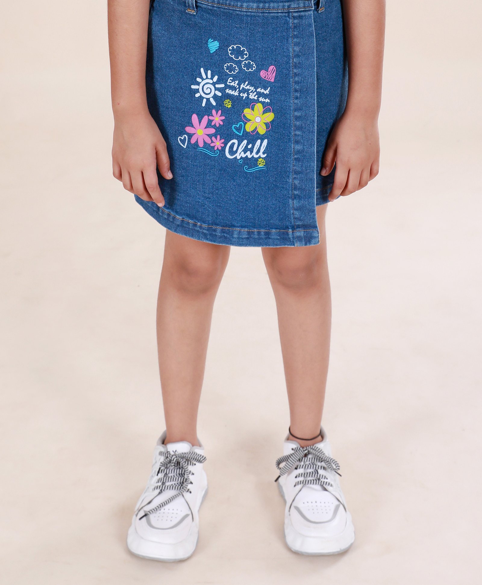 Kiddopanti Denim Floral & Chill Text Printed Skort - Blue-picture-14