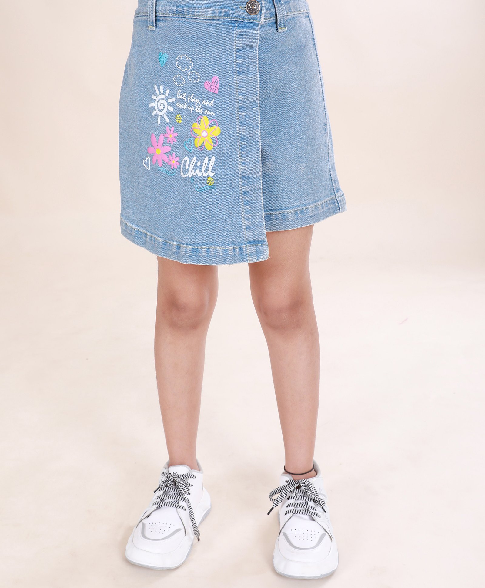 Kiddopanti Denim Floral & Chill Text Printed Skort - Light Blue-picture-25