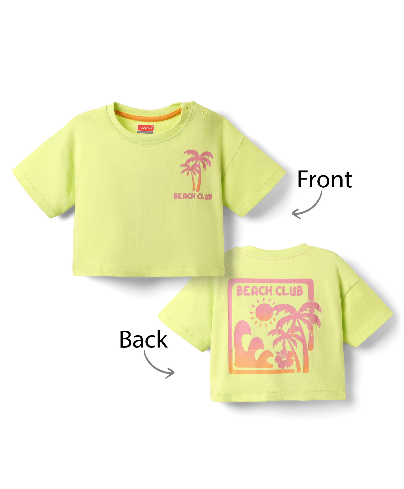 Babyhug Cotton Knit Half Sleeves Drop Shoulder T-Shirt With Beach Club Text Print - Limegreen